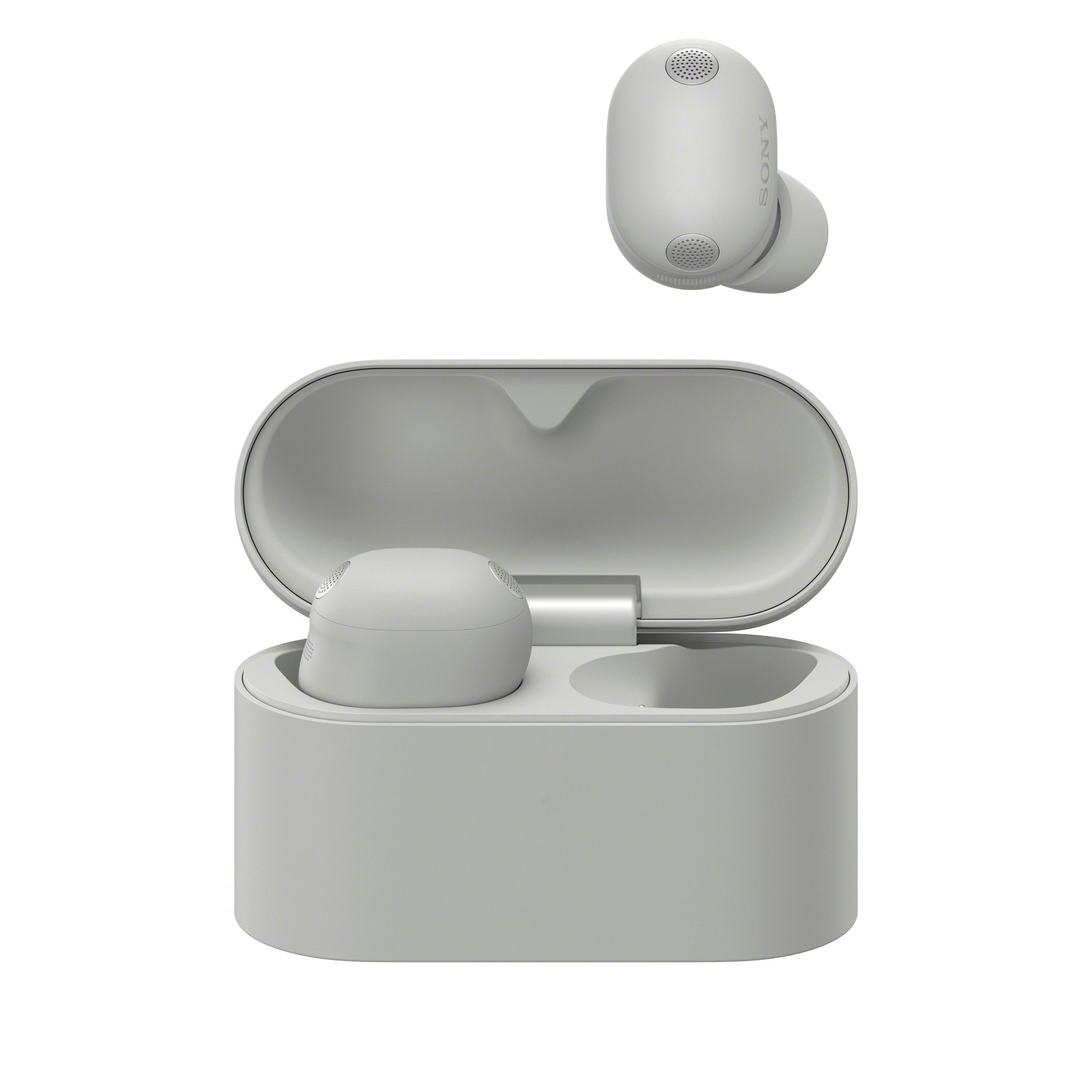 Ein graues Sony-Headset mit offenem Ladeetui und einem einzelnen Ohrhörer.
