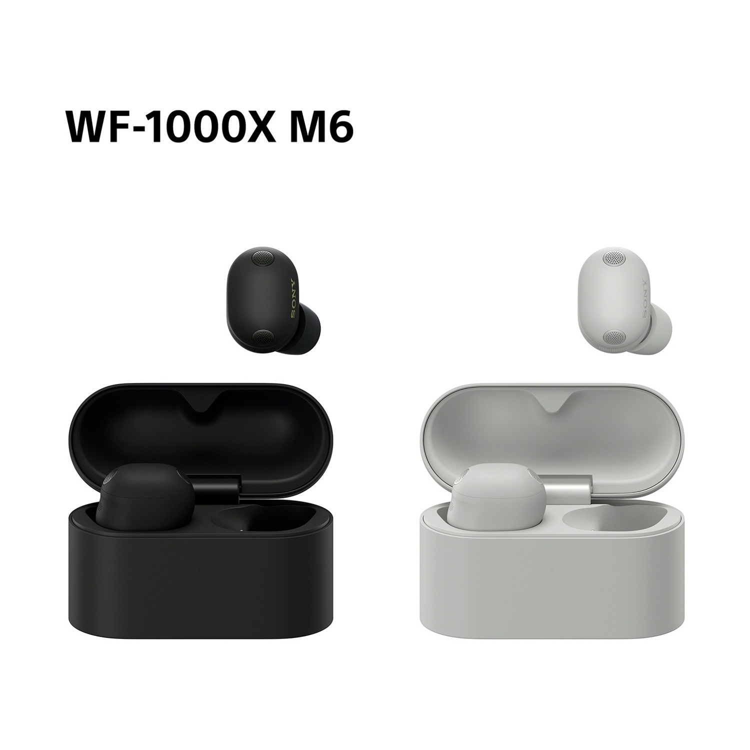 Auricolari Sony WF-1000X M6 neri e grigio chiaro con custodie.