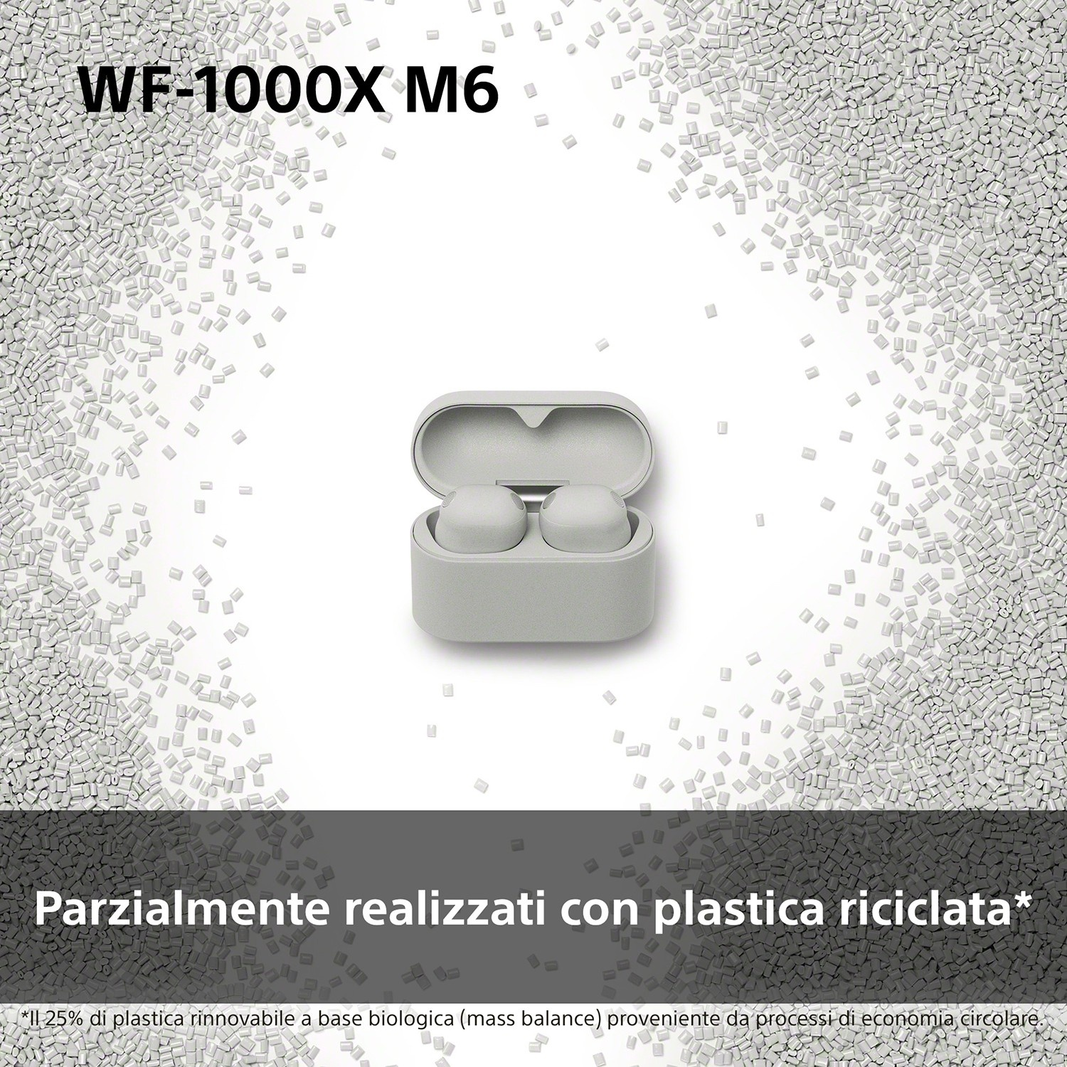 Auricolari e custodia WF-1000X M6 grigi tra granuli di plastica grigi.