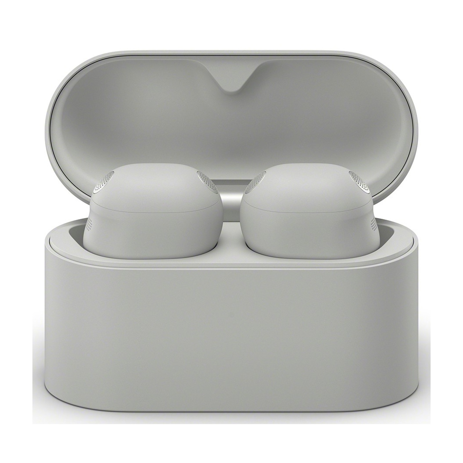 Un paio di auricolari wireless bianchi dentro un caricatore grigio aperto.