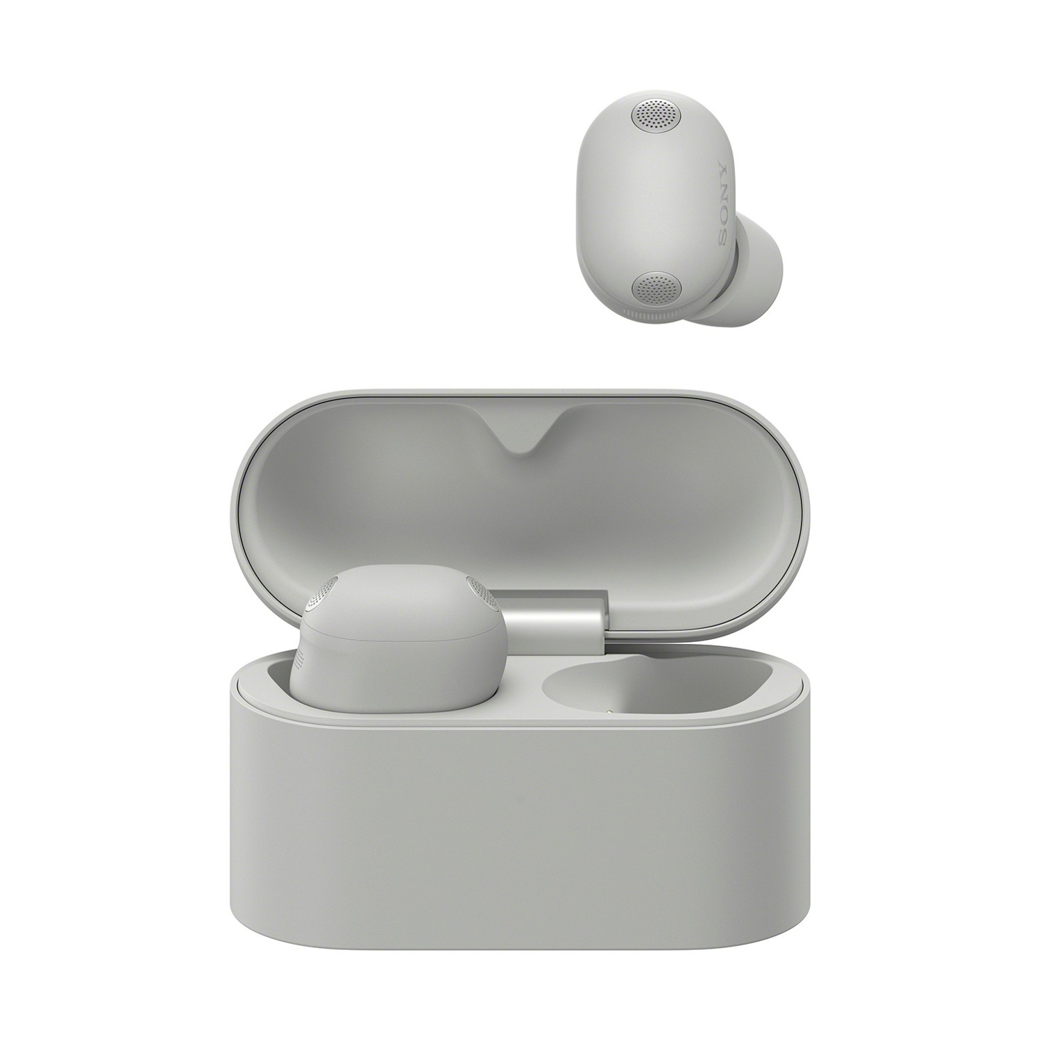 Auricolari Sony grigio chiaro. Un auricolare nella custodia di ricarica aperta, un altro fluttua sopra.