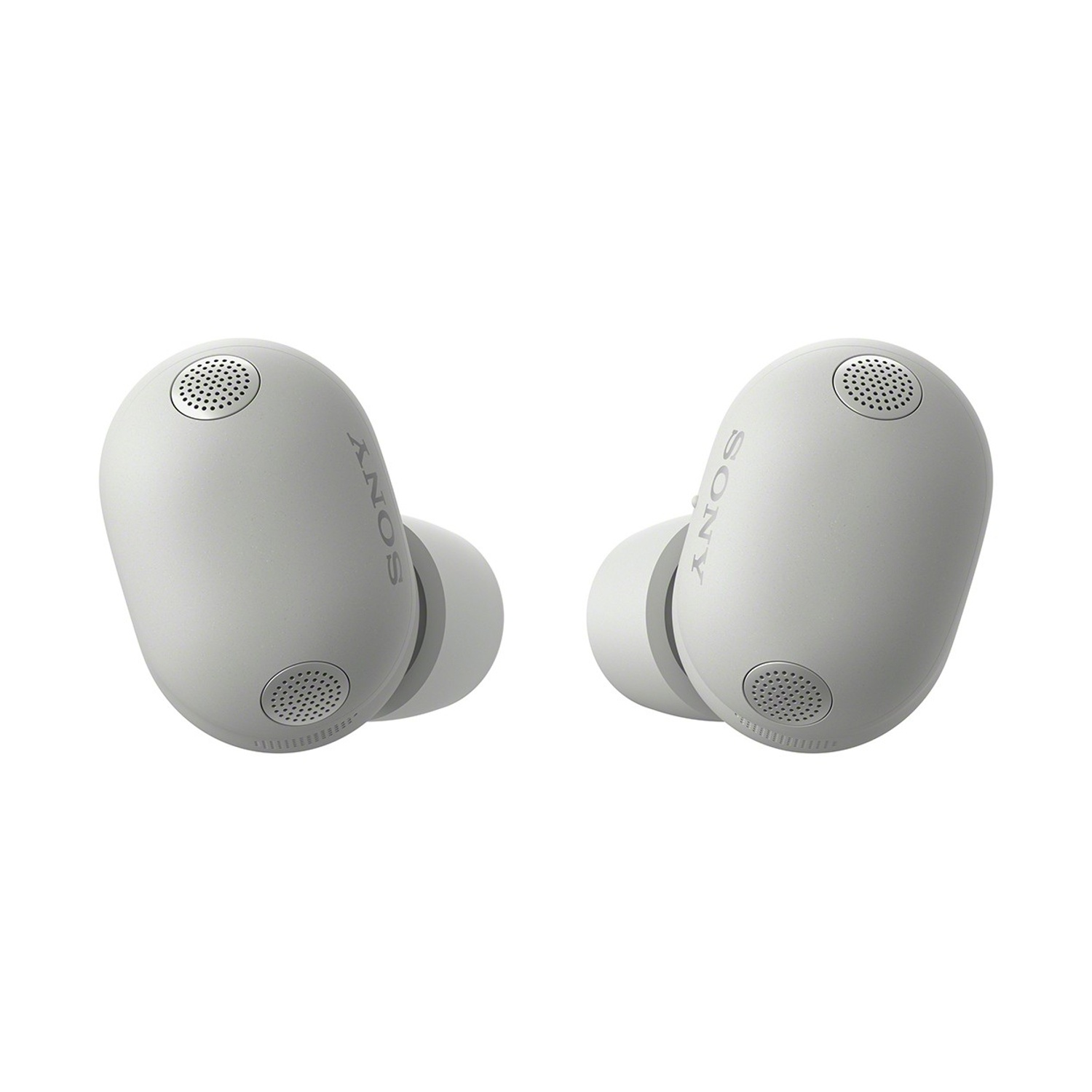 Due auricolari Sony bianchi con porta di ricarica e griglia.