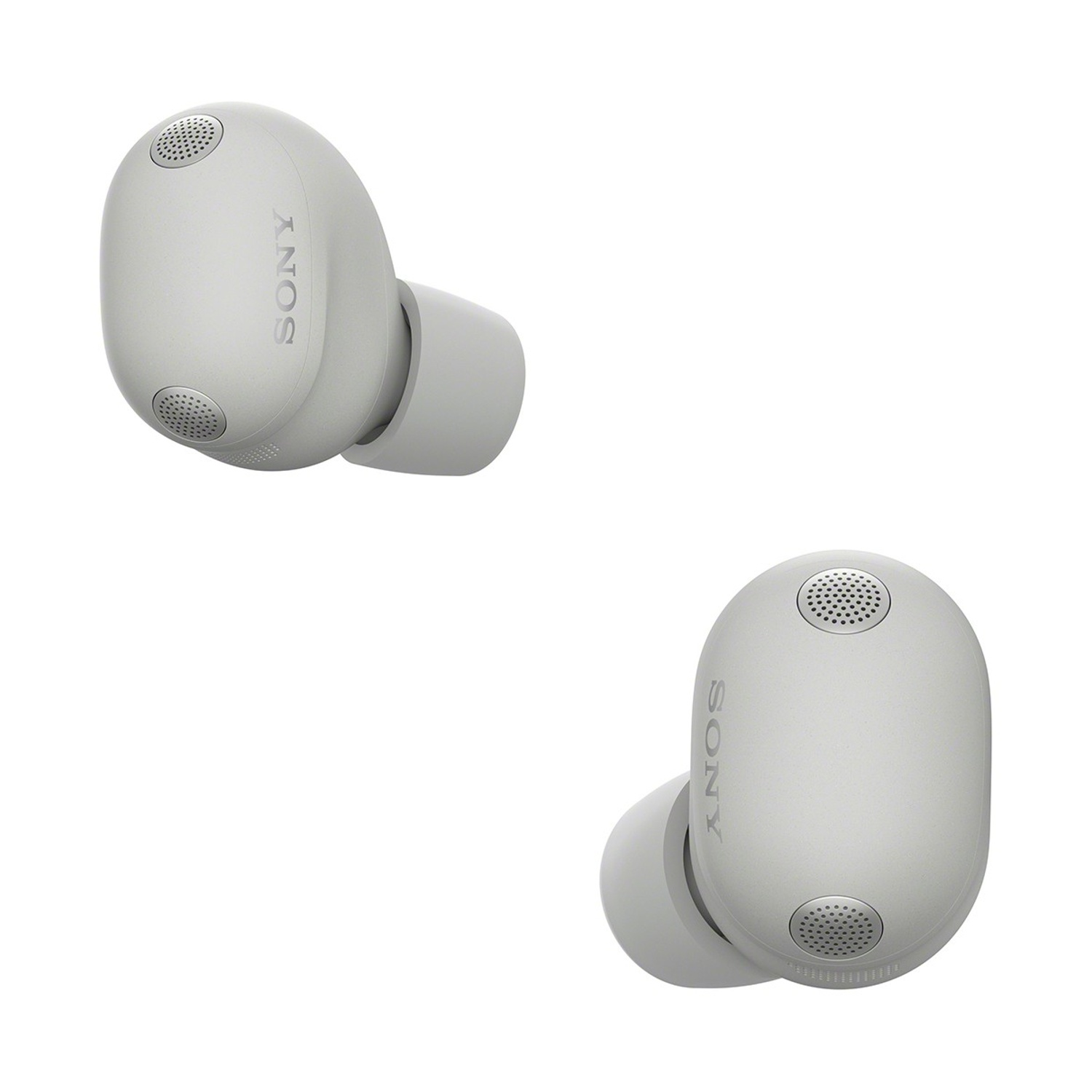 Due auricolari Sony bianchi con dettagli a griglia e logo Sony.