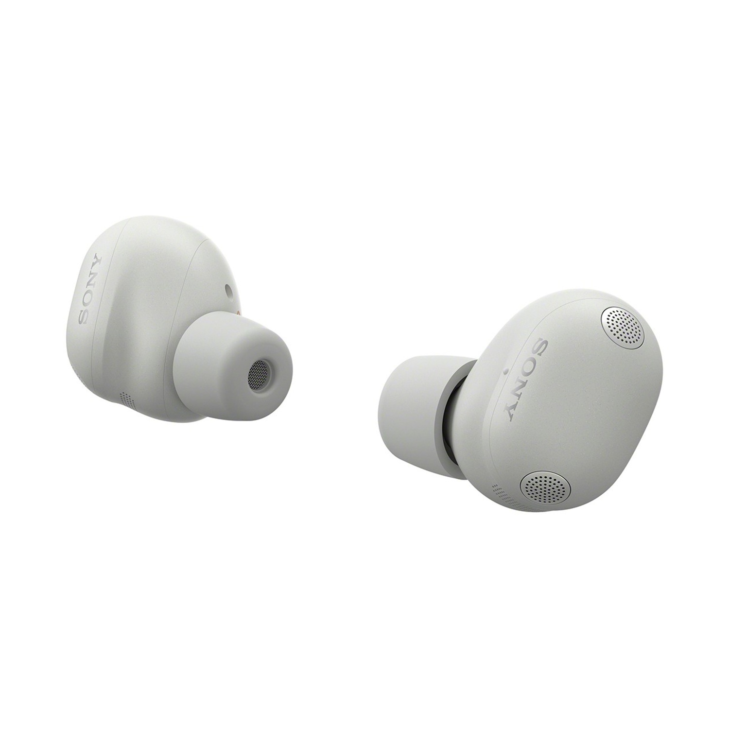 Due auricolari Sony bianchi su sfondo bianco.