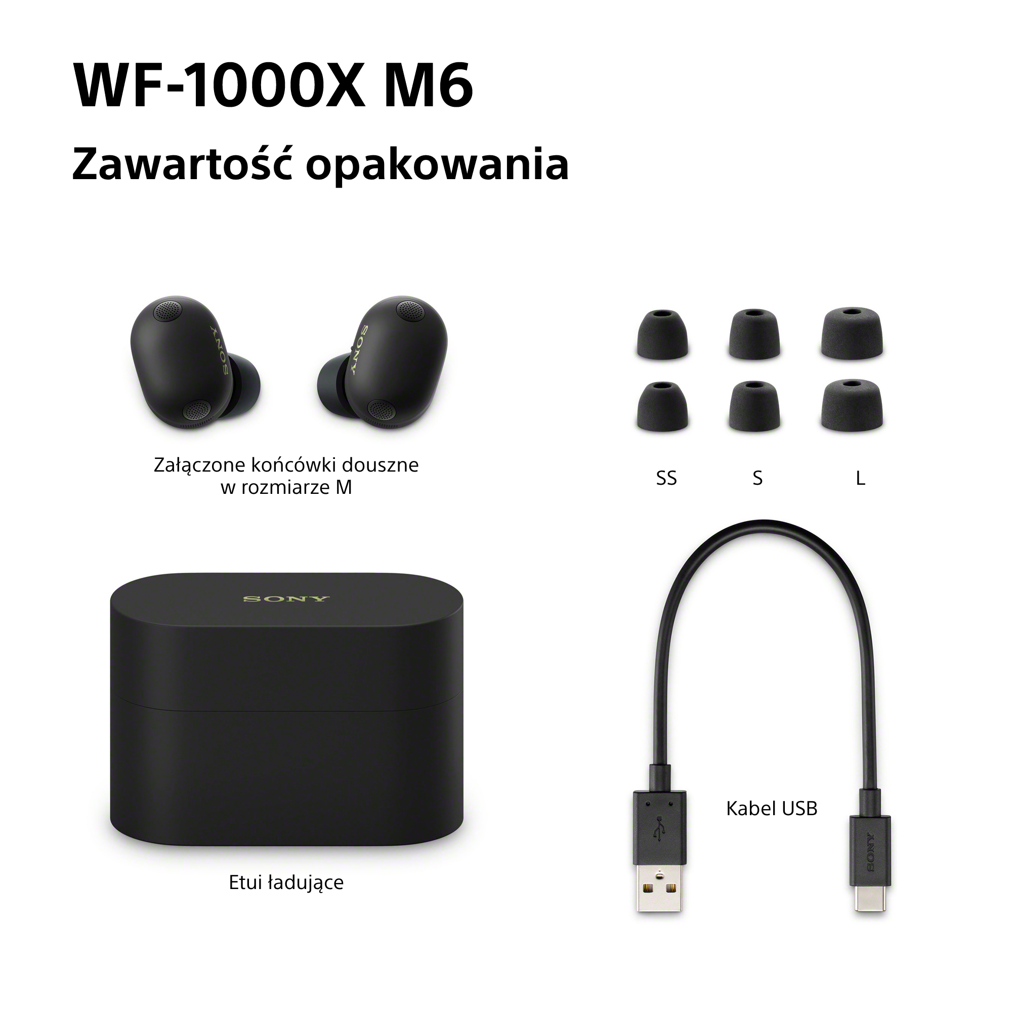 Czarne słuchawki Sony WF-1000X M6, etui ładujące, kabel USB i wkładki douszne w różnych rozmiarach.