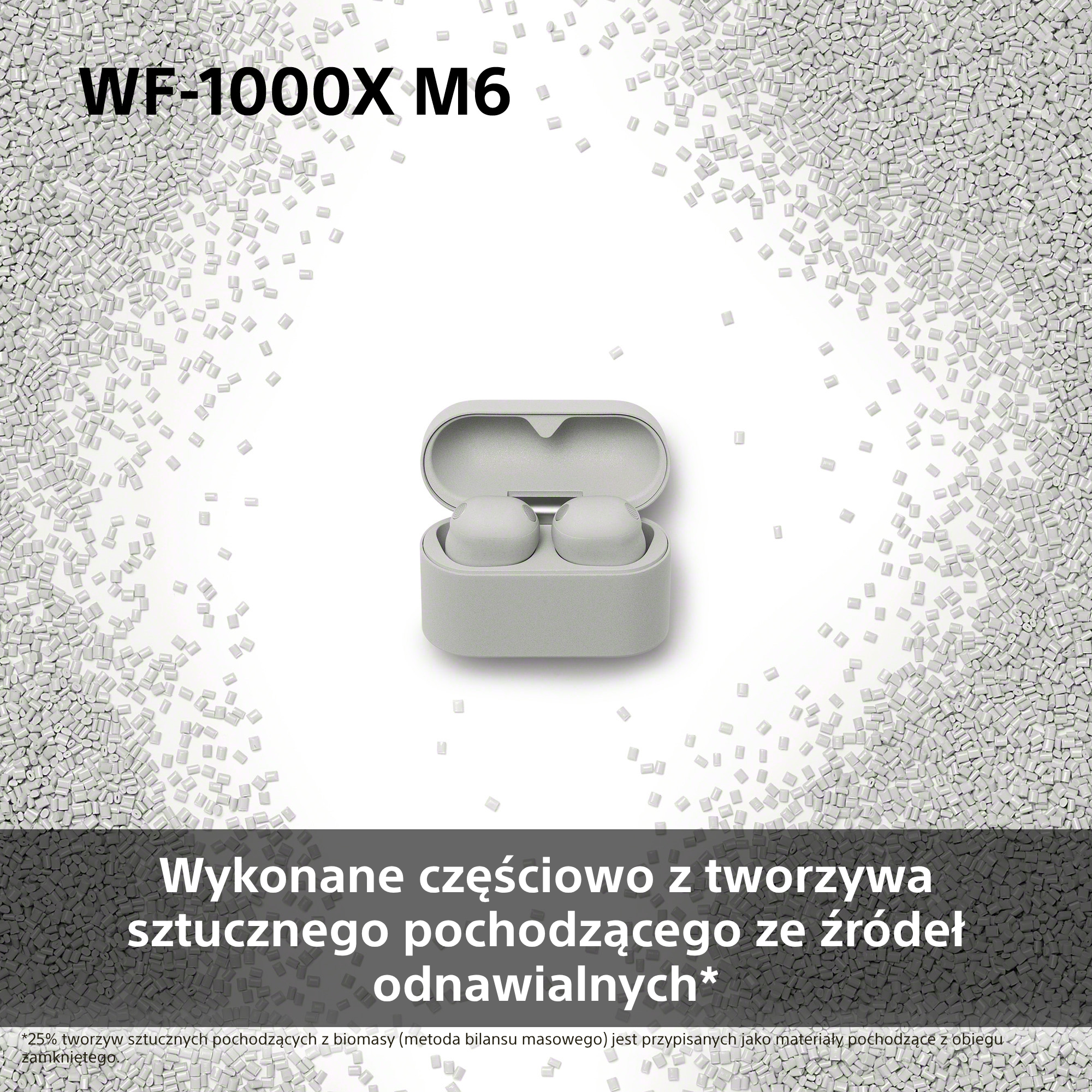 Szare słuchawki bezprzewodowe w etui ładującym, otoczone małymi szarymi granulkami.