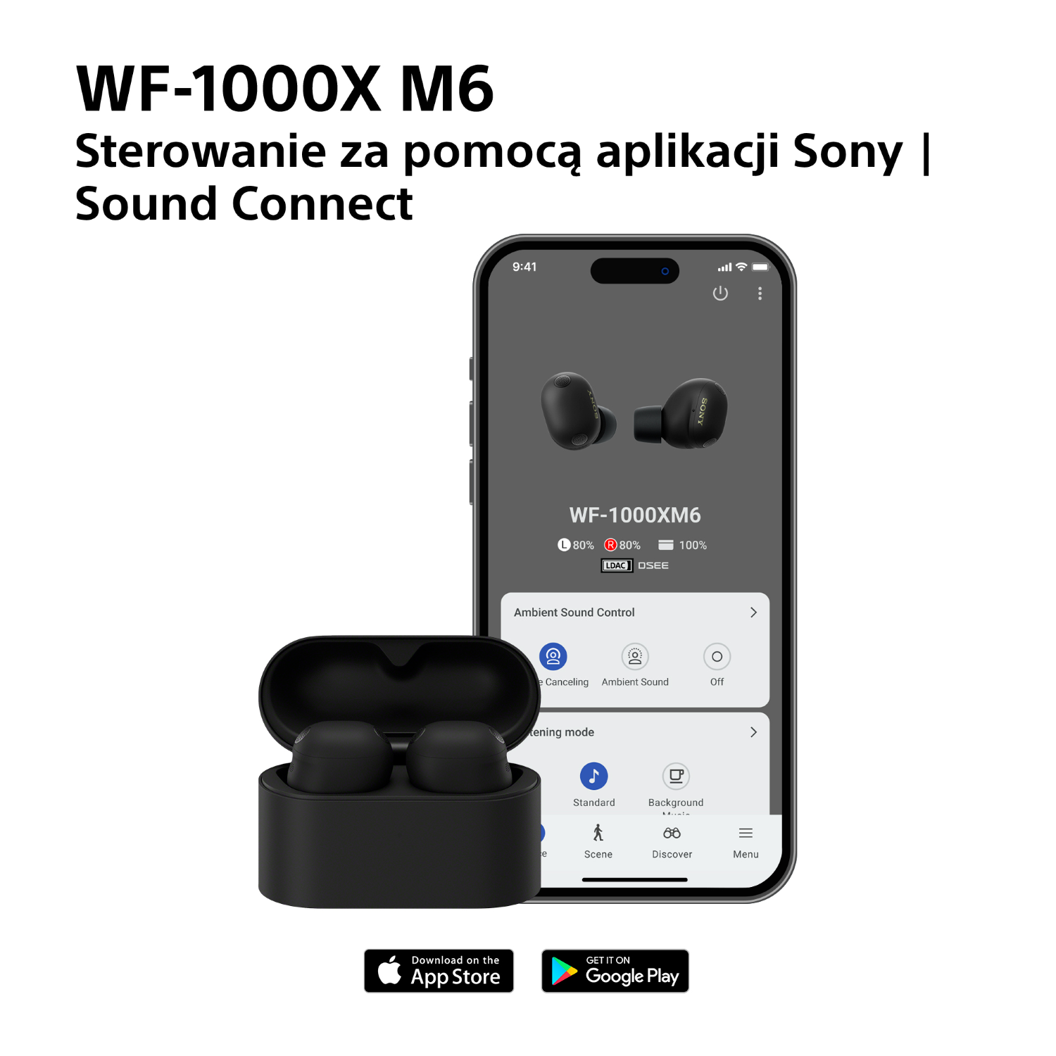 Czarne słuchawki Sony WF-1000XM6 w etui i na ekranie smartfona.