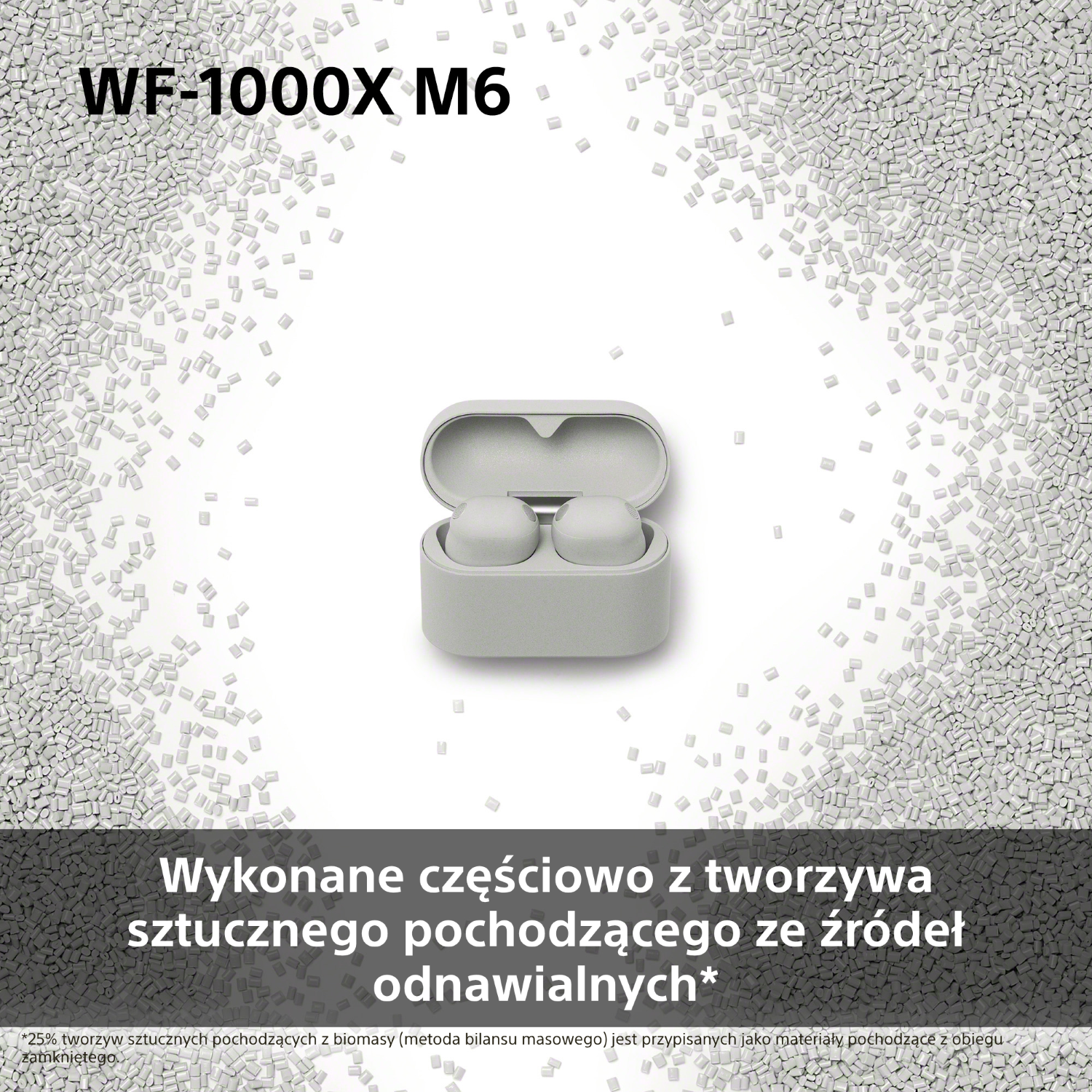 WF-1000X M6: Szare słuchawki z etui ładującym wśród małych szarych granulek.