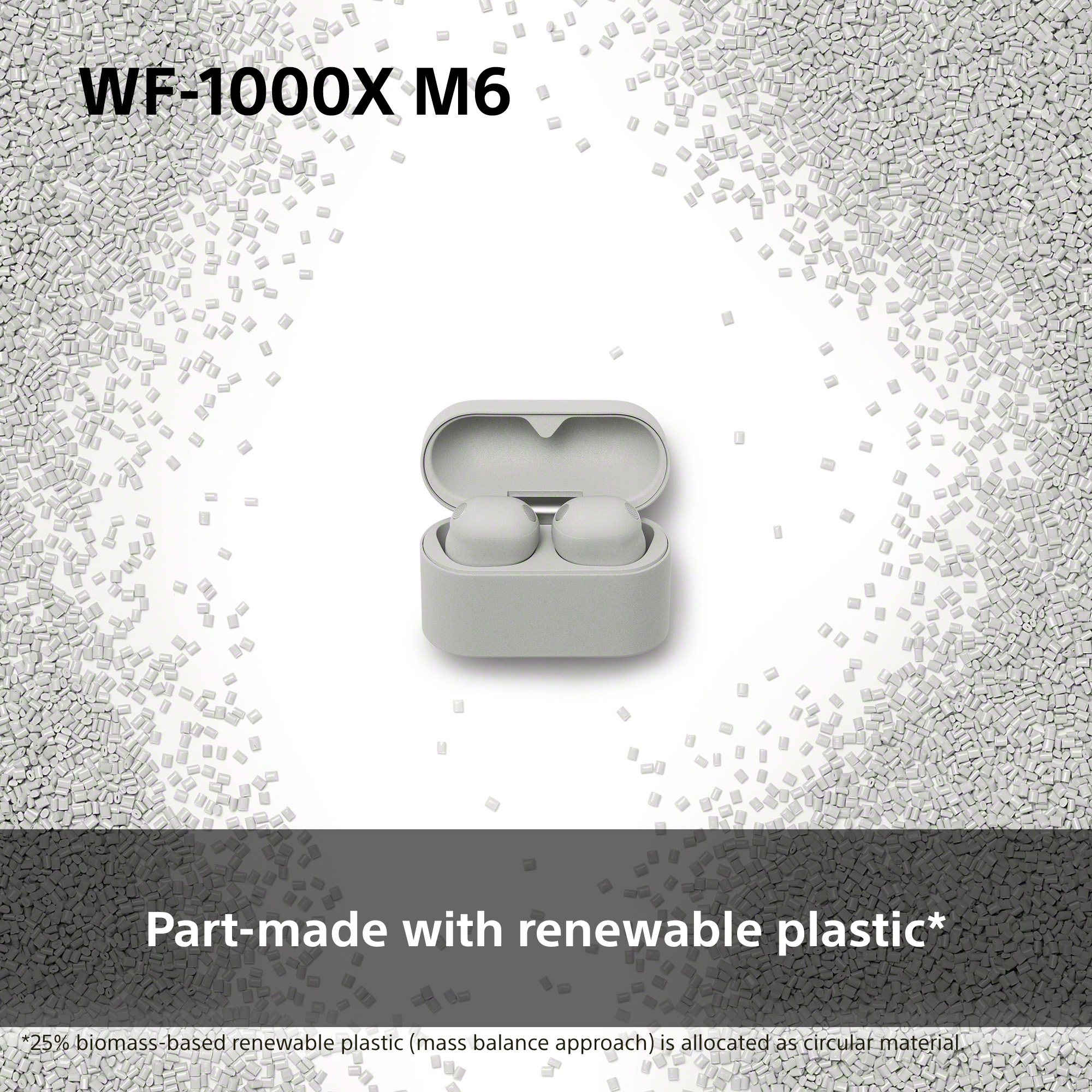 Écouteurs WF-1000X M6 gris dans un étui ouvert, entourés de granulés de plastique.