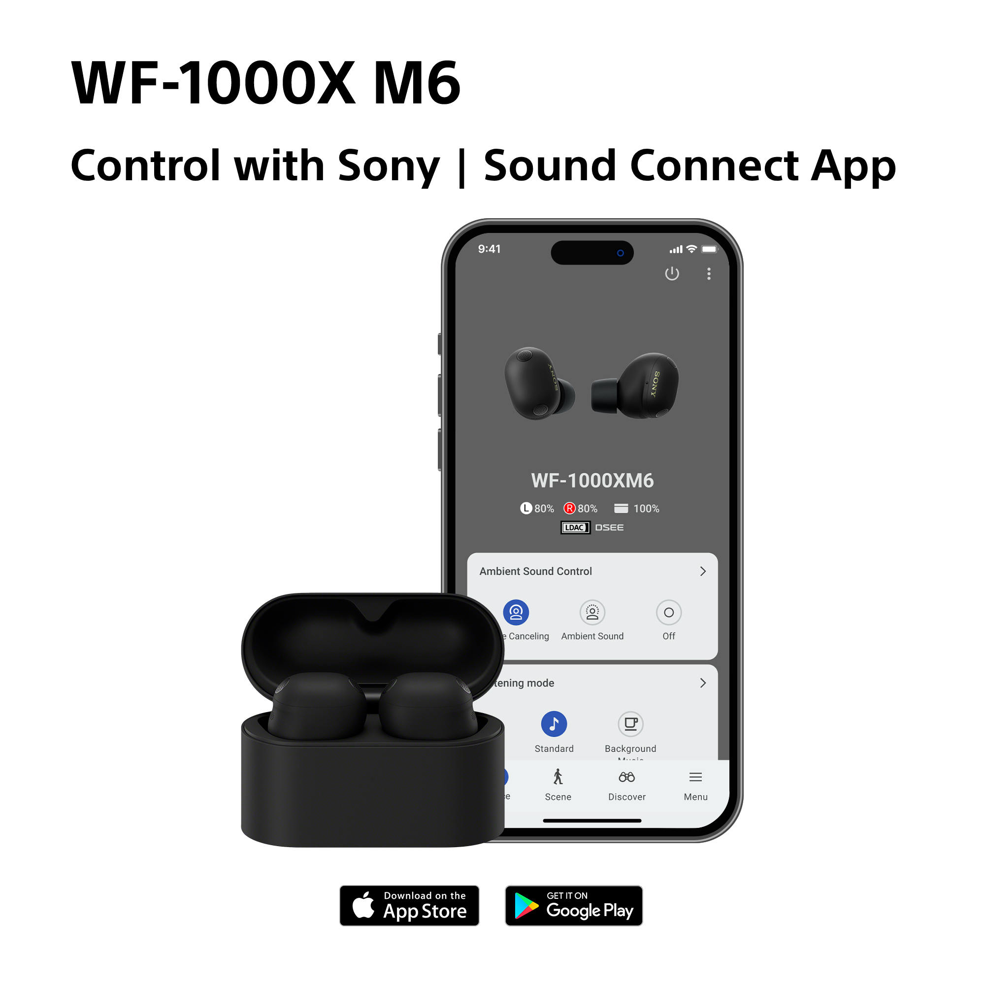 Écouteurs Sony WF-1000XM6 avec étui de chargement et contrôle via app.