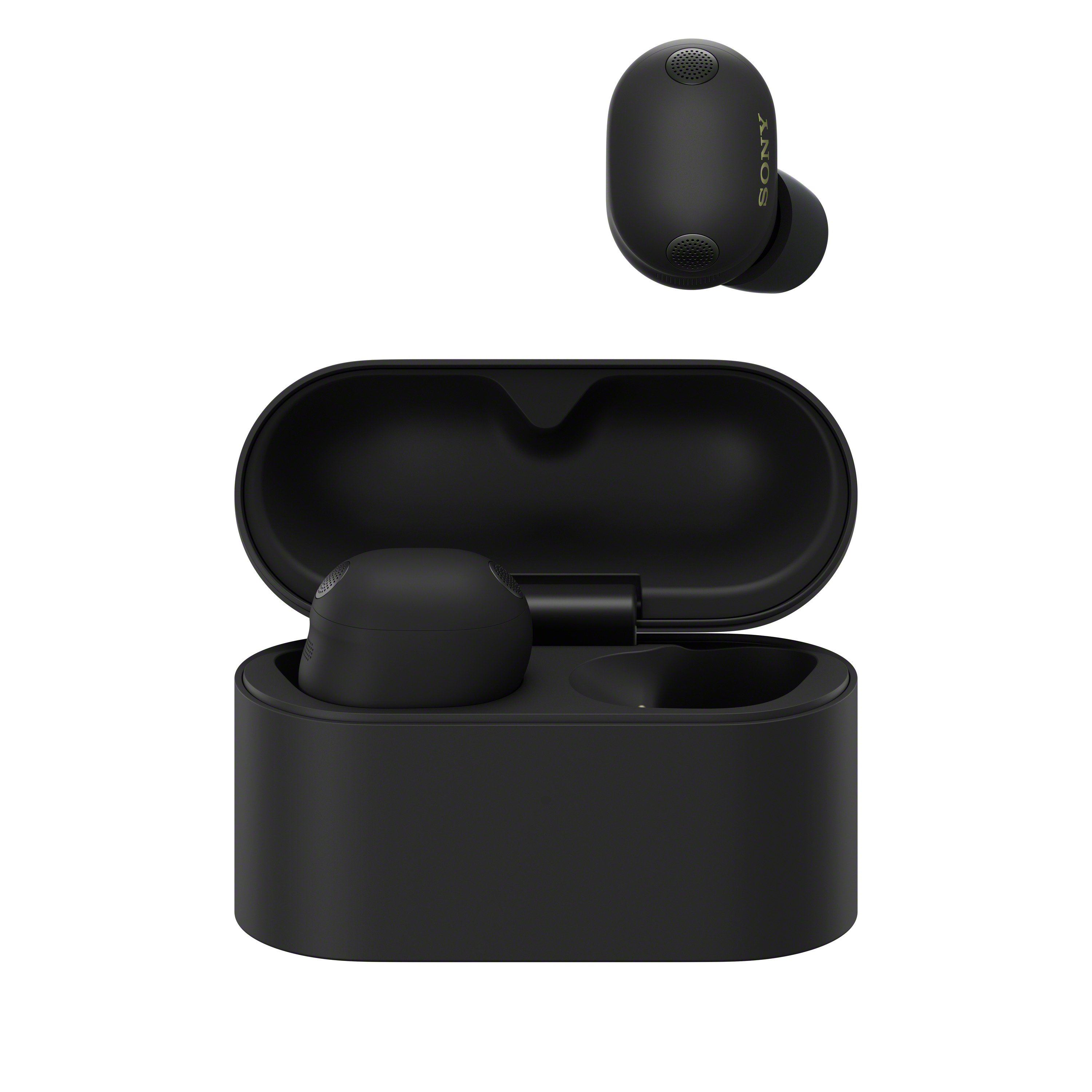 Écouteurs Sony noirs avec étui de chargement. Un flotte, un est dans l'étui.