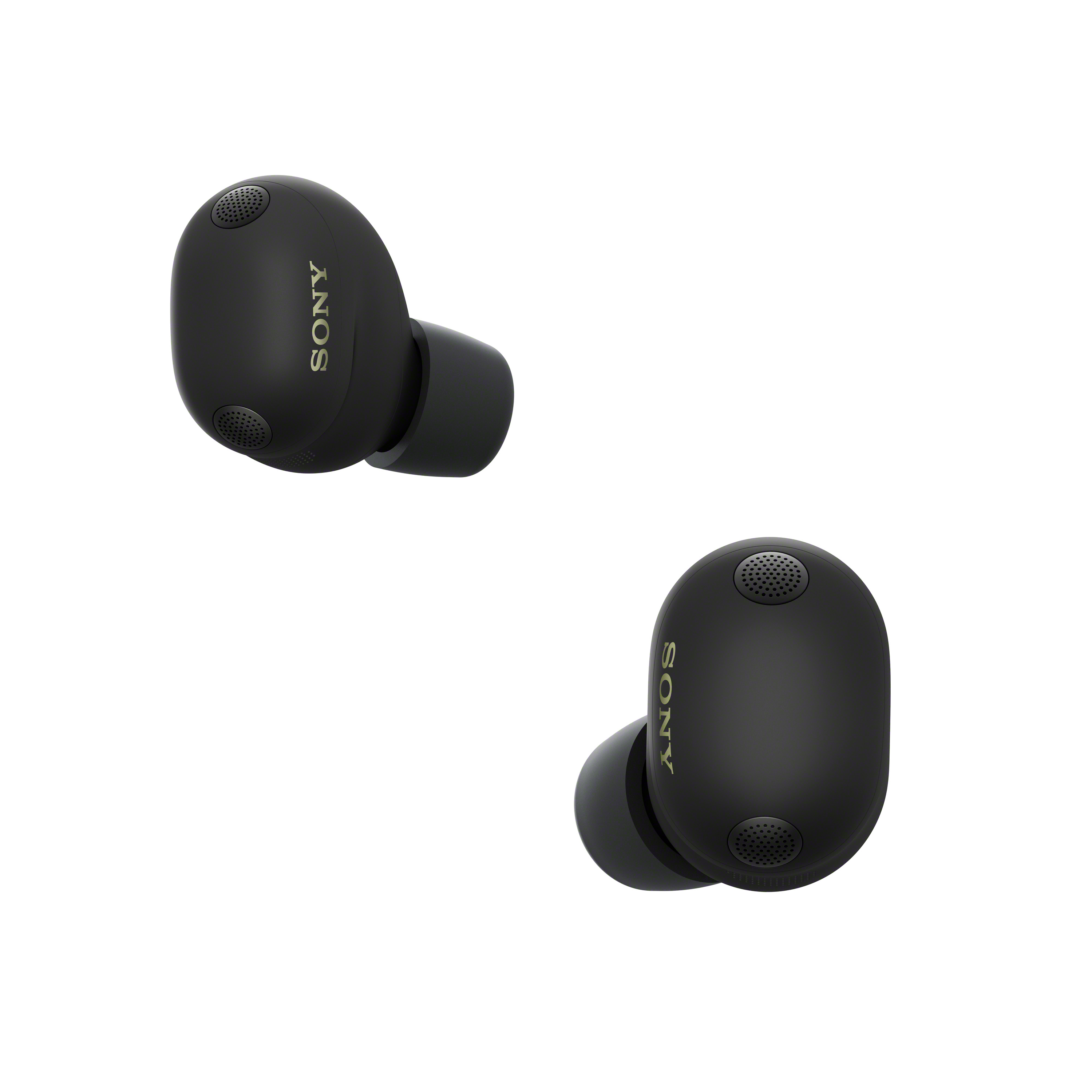 Deux écouteurs Sony noirs sur fond blanc, l'un légèrement au-dessus de l'autre.