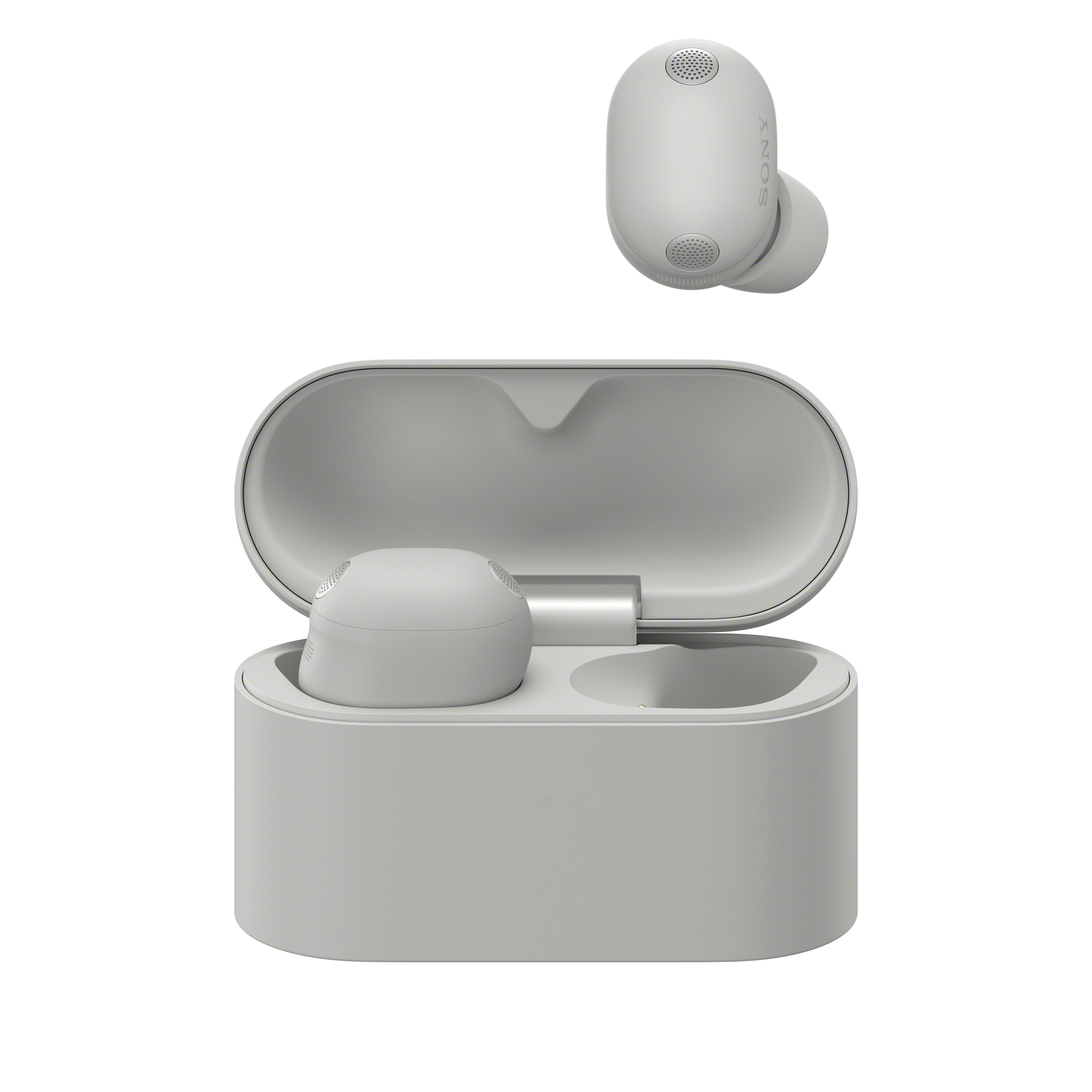 Écouteurs Sony gris avec étui de chargement, un écouteur flotte.