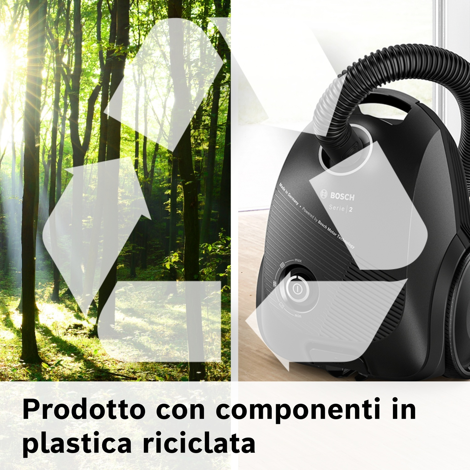Un aspirapolvere Bosch accanto a una foresta con simbolo riciclo.