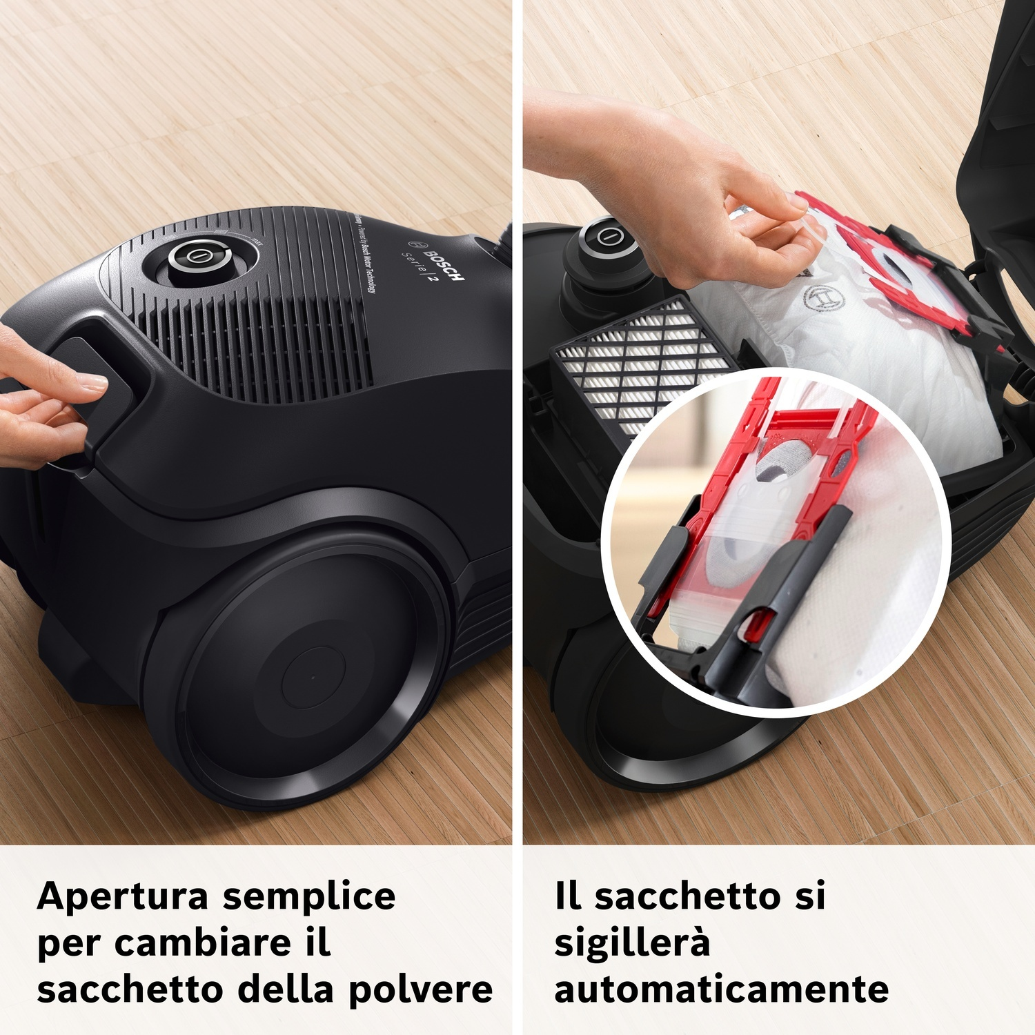 Aspirapolvere Bosch nero, mano cambia sacchetto, primo piano del meccanismo porta sacco.