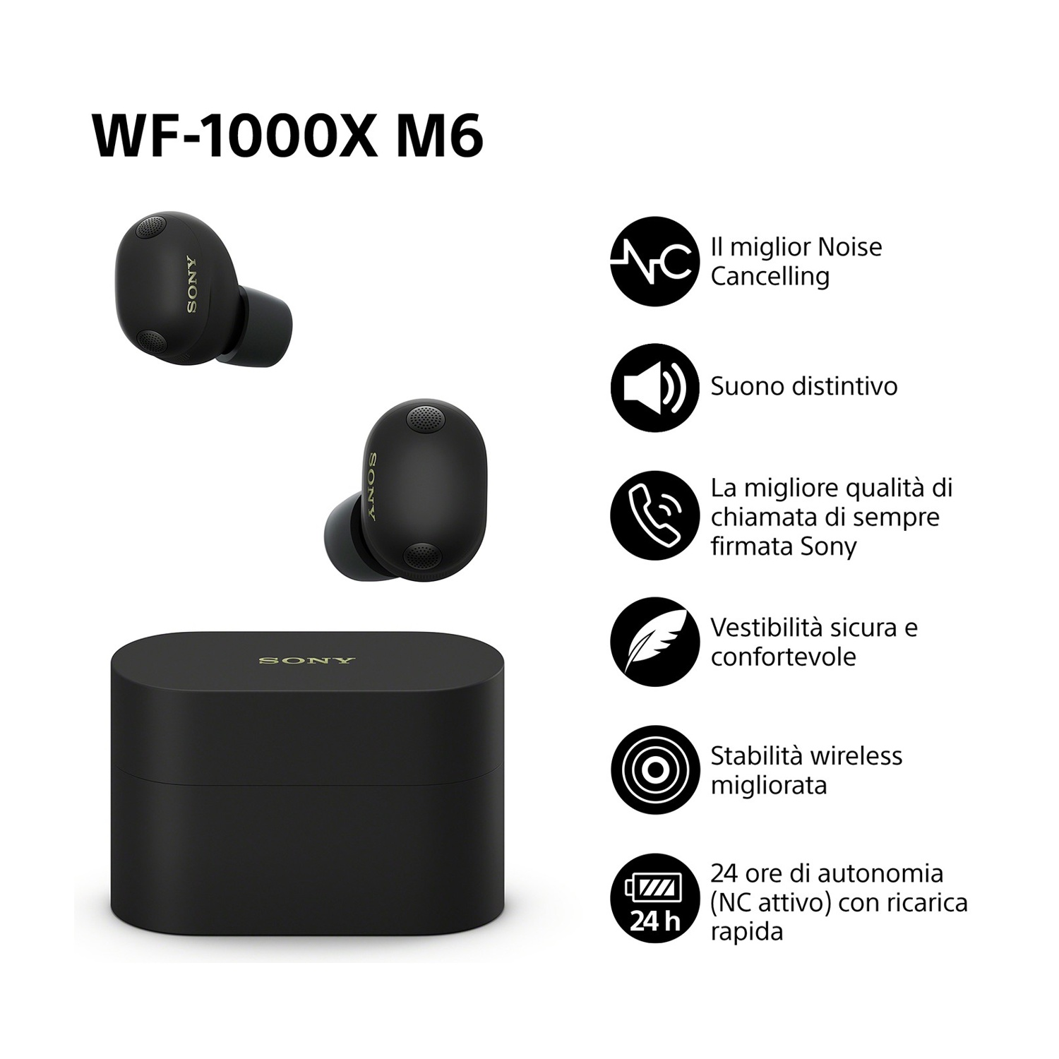 Auricolari Sony WF-1000X M6 neri con custodia di ricarica e icone.