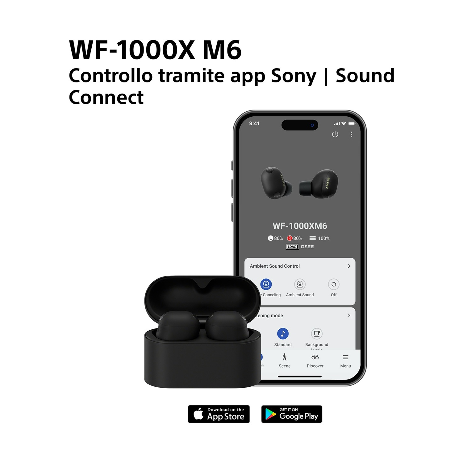 Auricolari Sony WF-1000XM6 neri in custodia di ricarica e su smartphone con app.