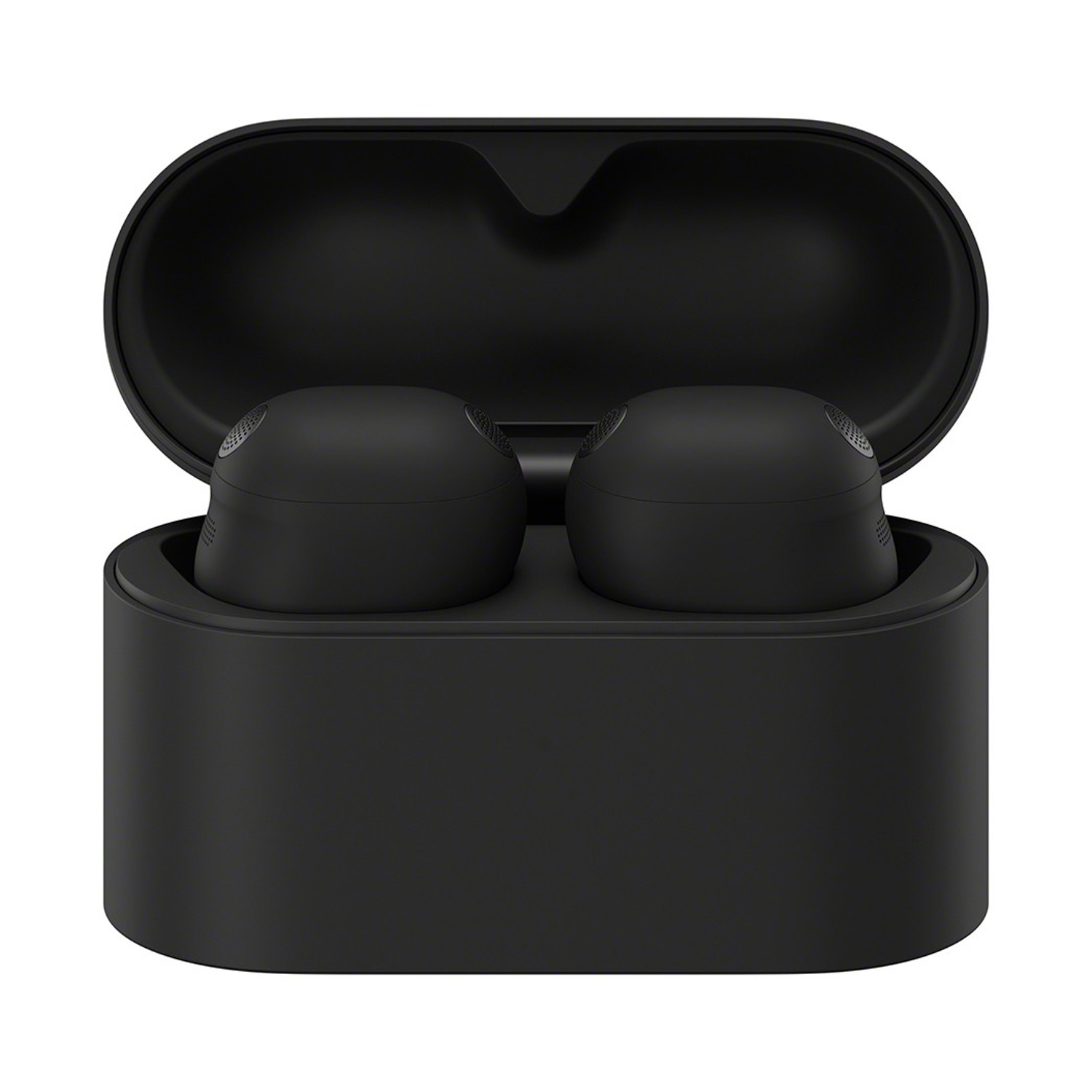 Auricolari wireless neri in una custodia di ricarica nera aperta.