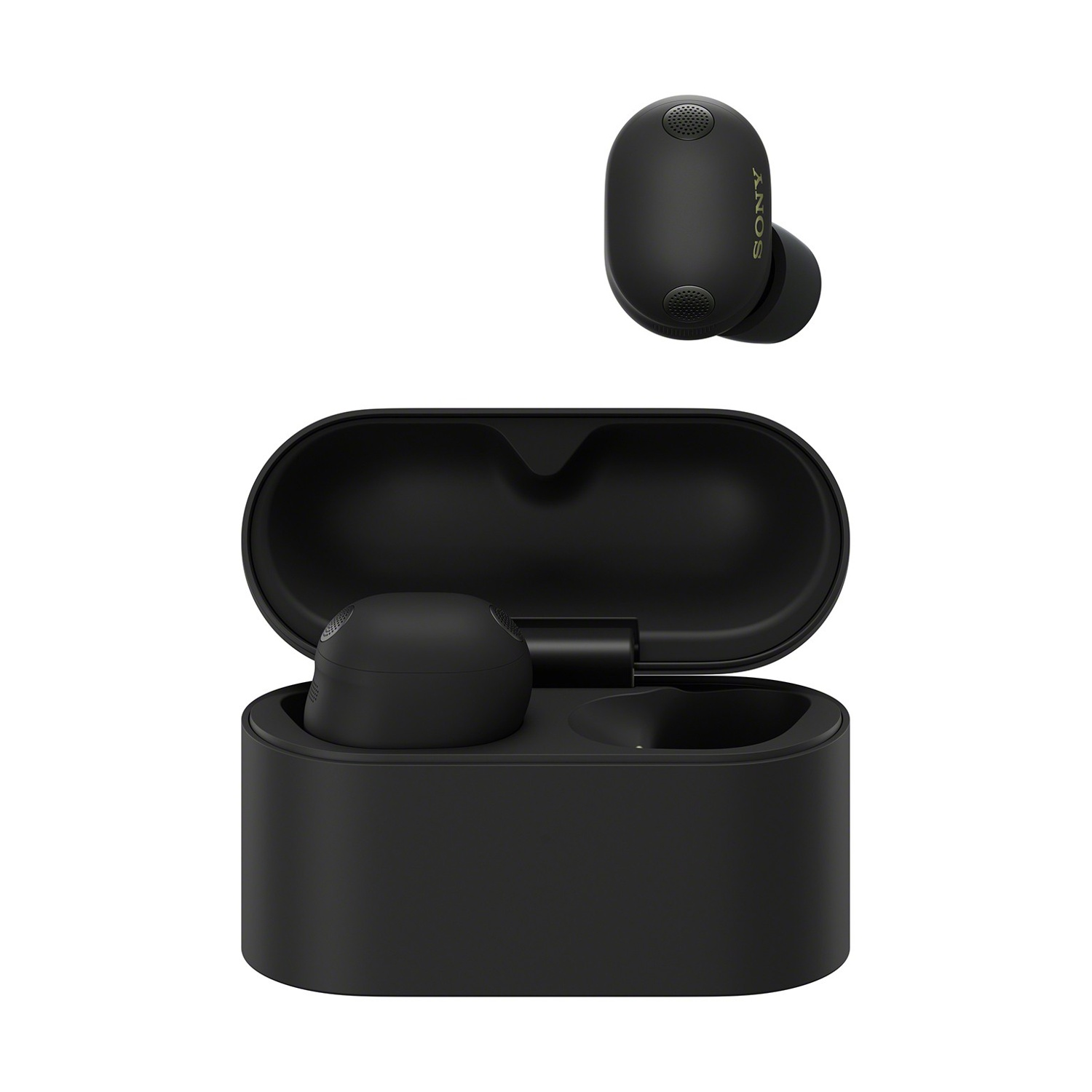 Auricolari neri Sony con custodia di ricarica; un auricolare sopra.