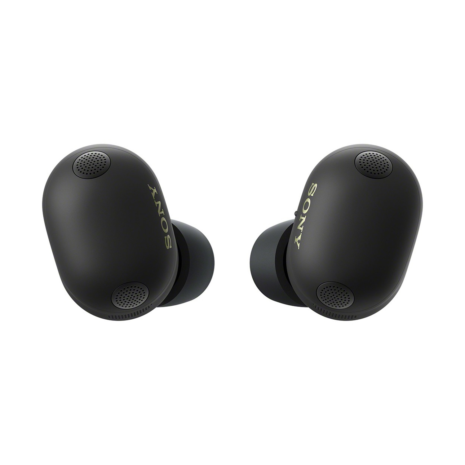 Due auricolari neri Sony con logo dorato su sfondo bianco.
