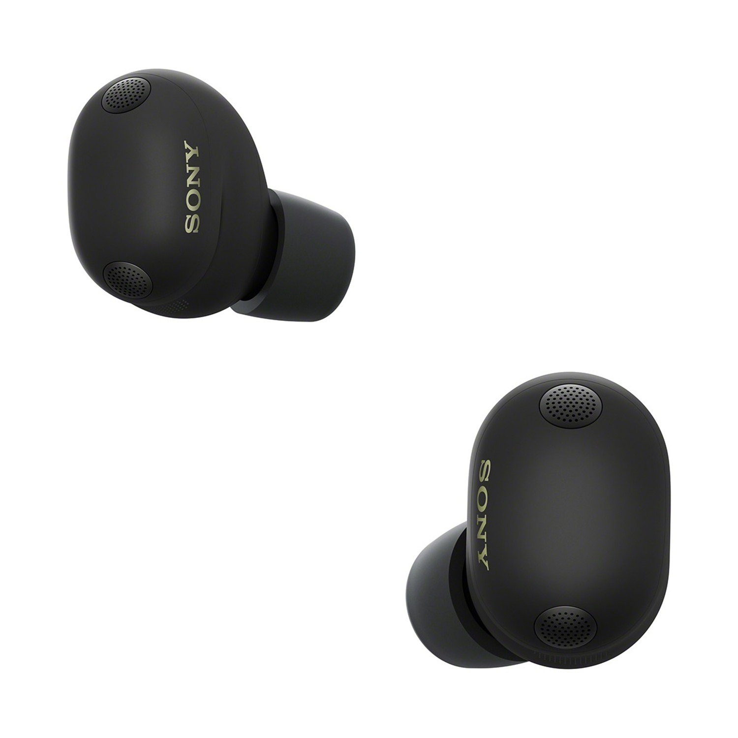 Due auricolari neri Sony con logo dorato su sfondo bianco.