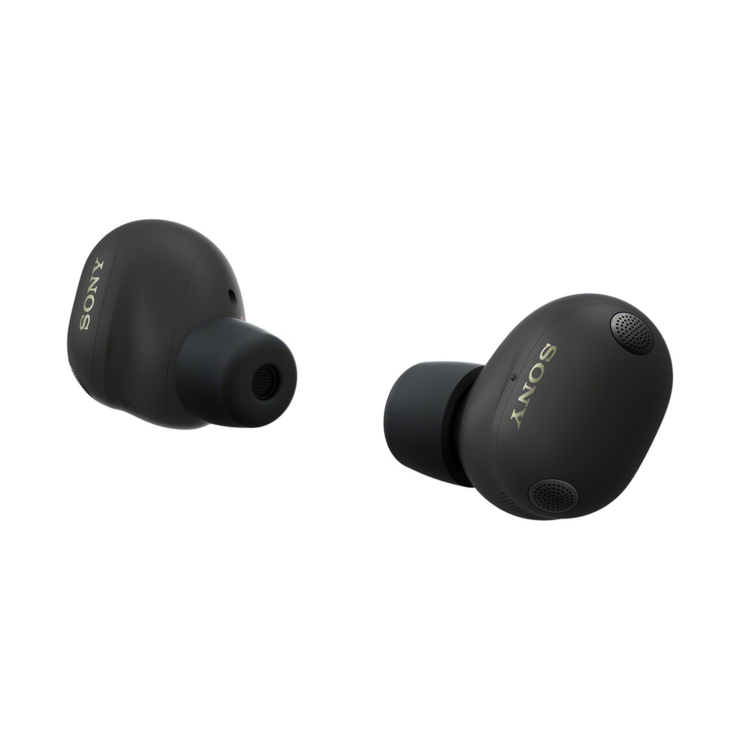 Due auricolari neri Sony con logo dorato su sfondo bianco.