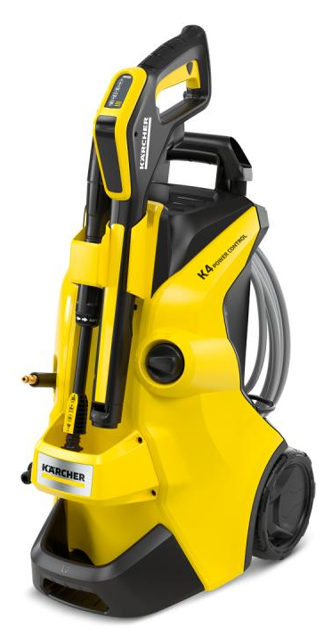 Żółta myjka ciśnieniowa Karcher z czarnym uchwytem i kołami.