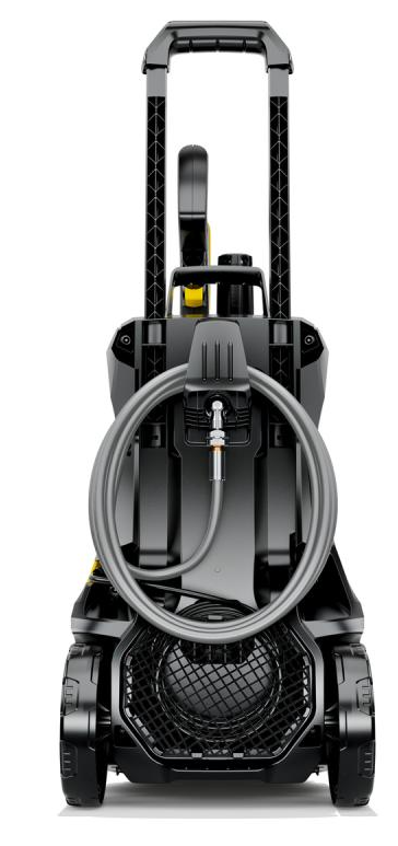 Czarna myjka ciśnieniowa z wężem, kołami i uchwytem.