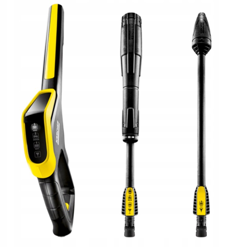 Czarny pistolet Kärcher z żółtymi akcentami i trzema lancami.