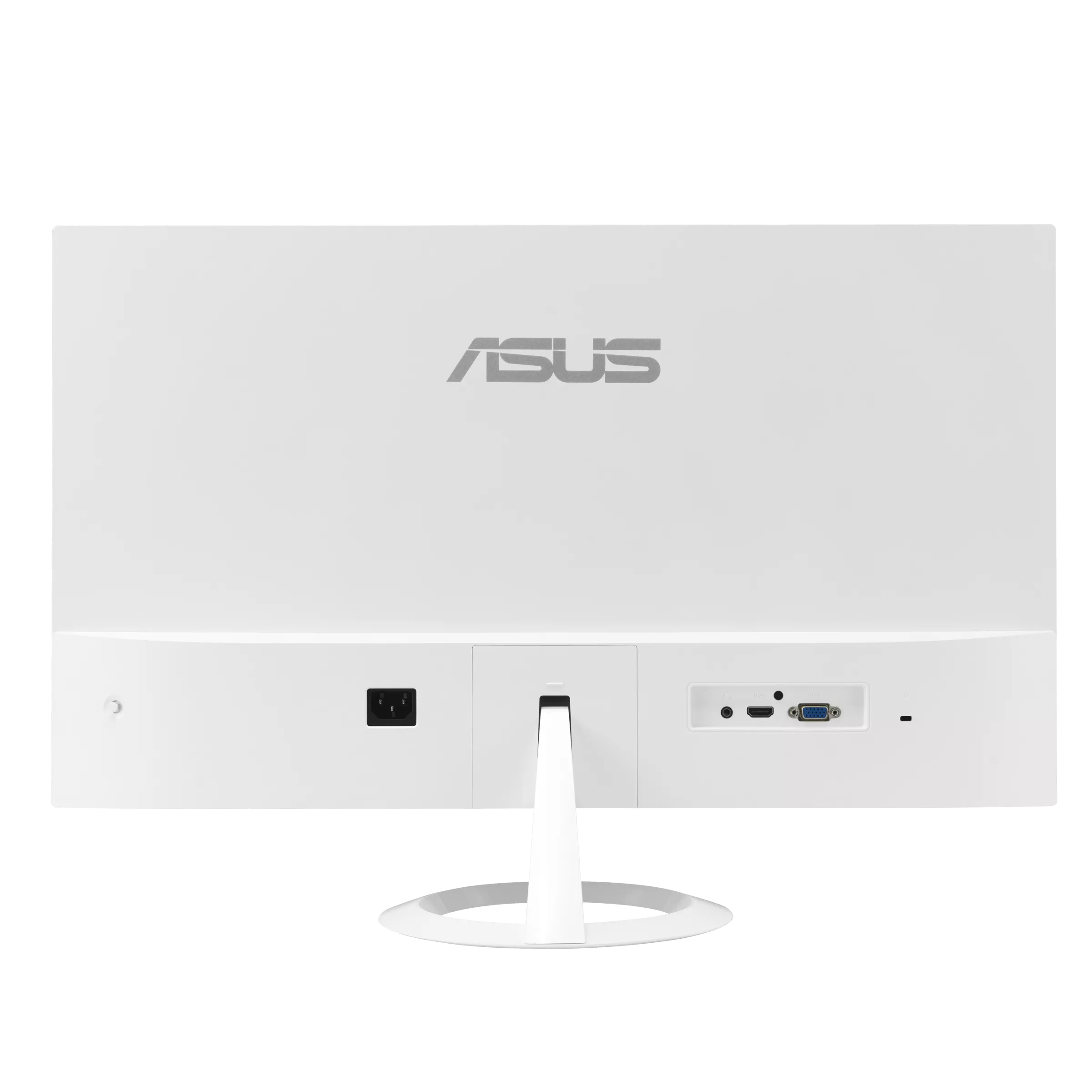 Fehér monitor hátulja csatlakozókkal és ASUS logóval.