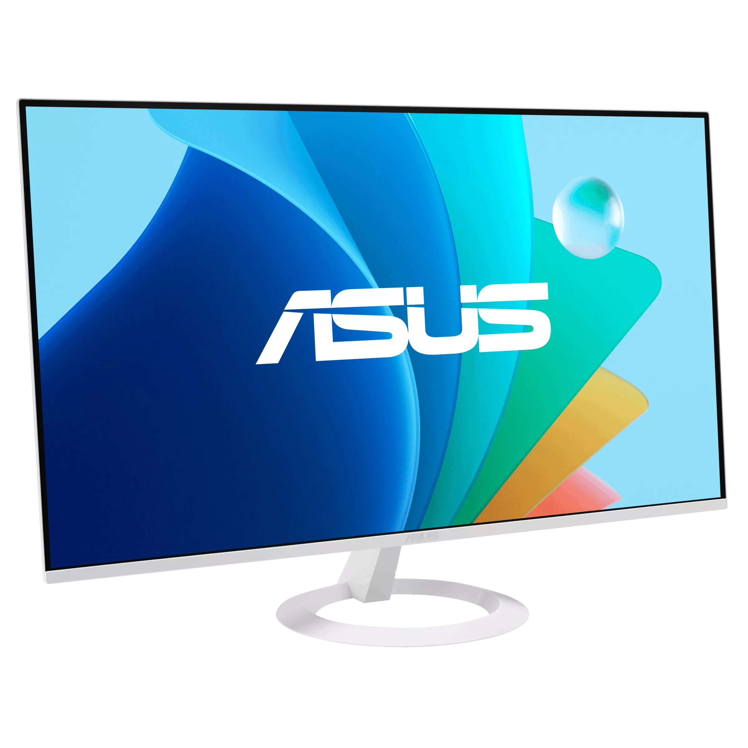 Egy fehér ASUS monitor színes, absztrakt háttérképpel.