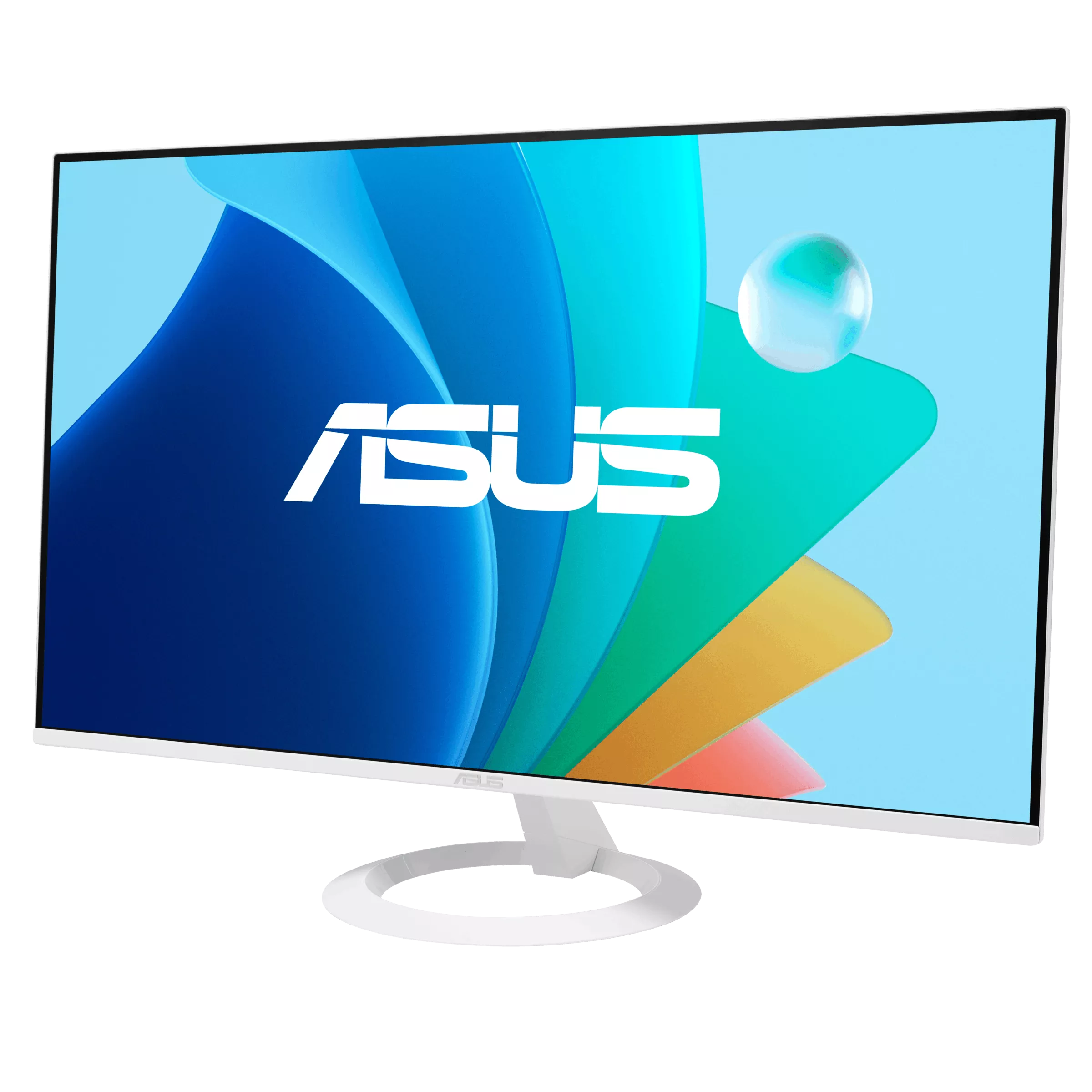 Egy fehér ASUS monitor absztrakt, színes hátteret jelenít meg.