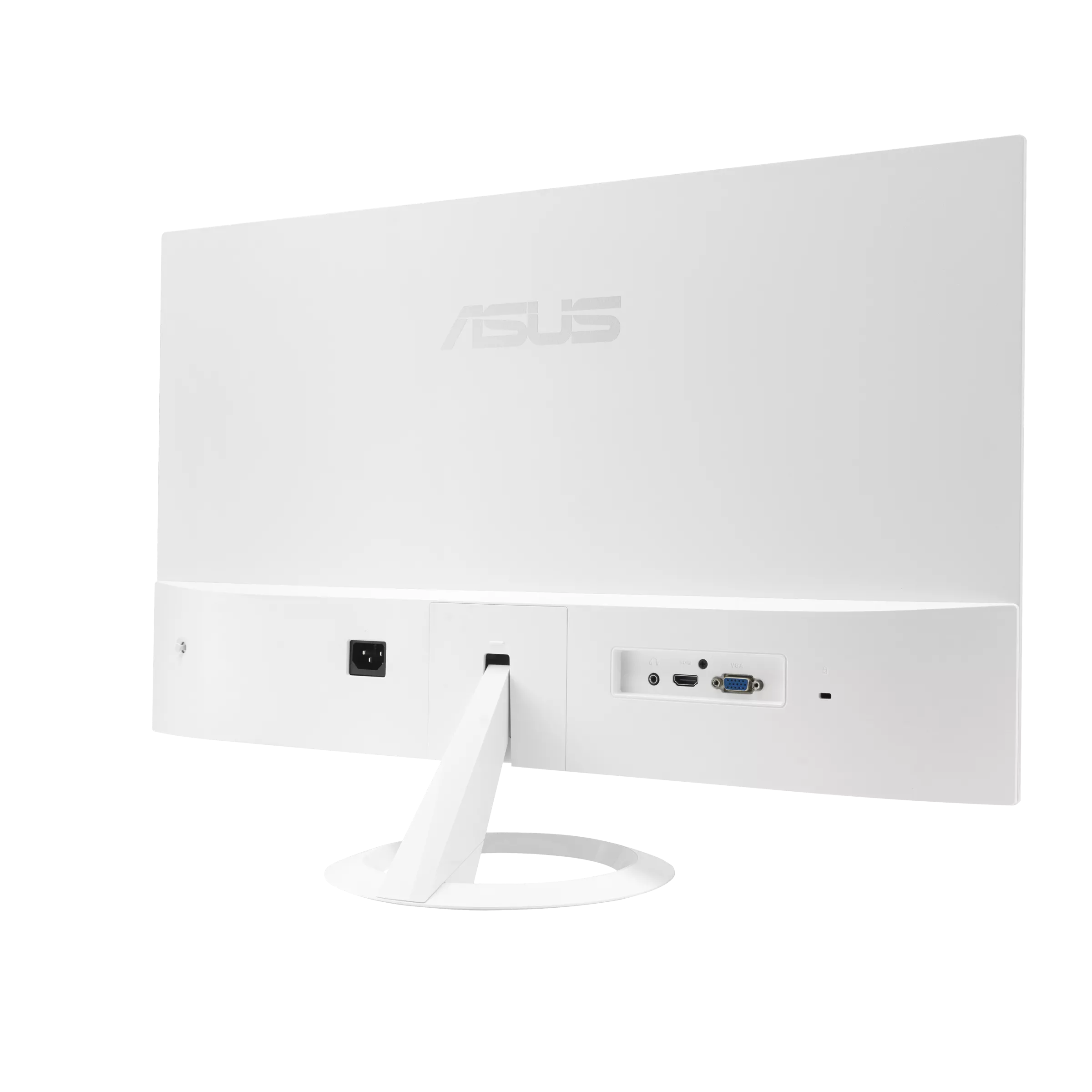 Fehér ASUS monitor hátulja táp-, HDMI- és VGA-portokkal.