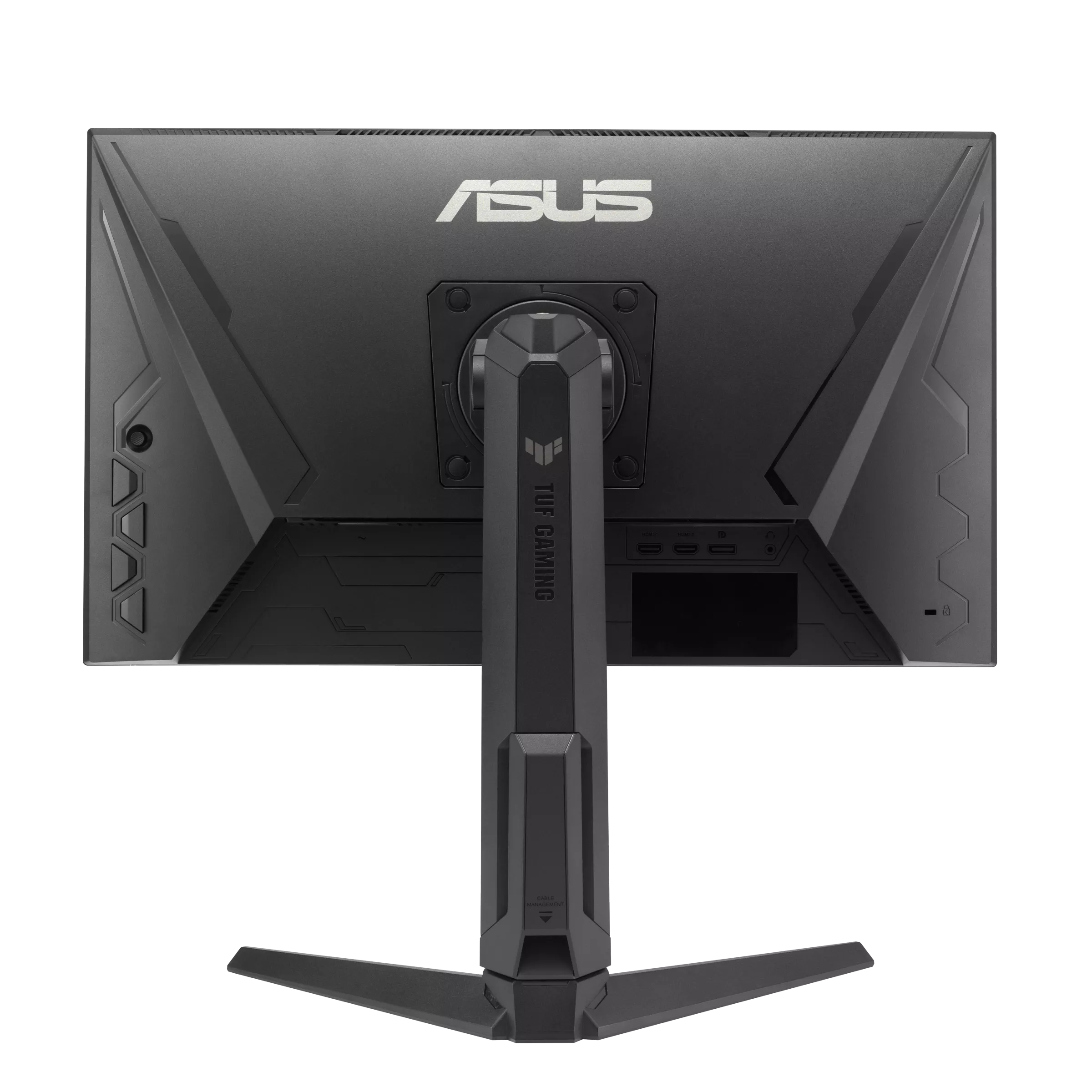Egy fekete ASUS gamer monitor hátulnézete, ezüst logóval.