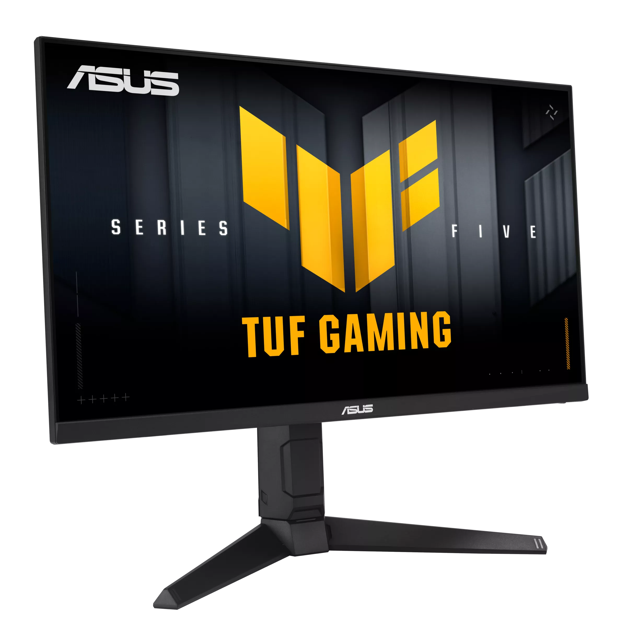 Egy ASUS TUF Gaming monitor sárga logóval és fekete állvánnyal.