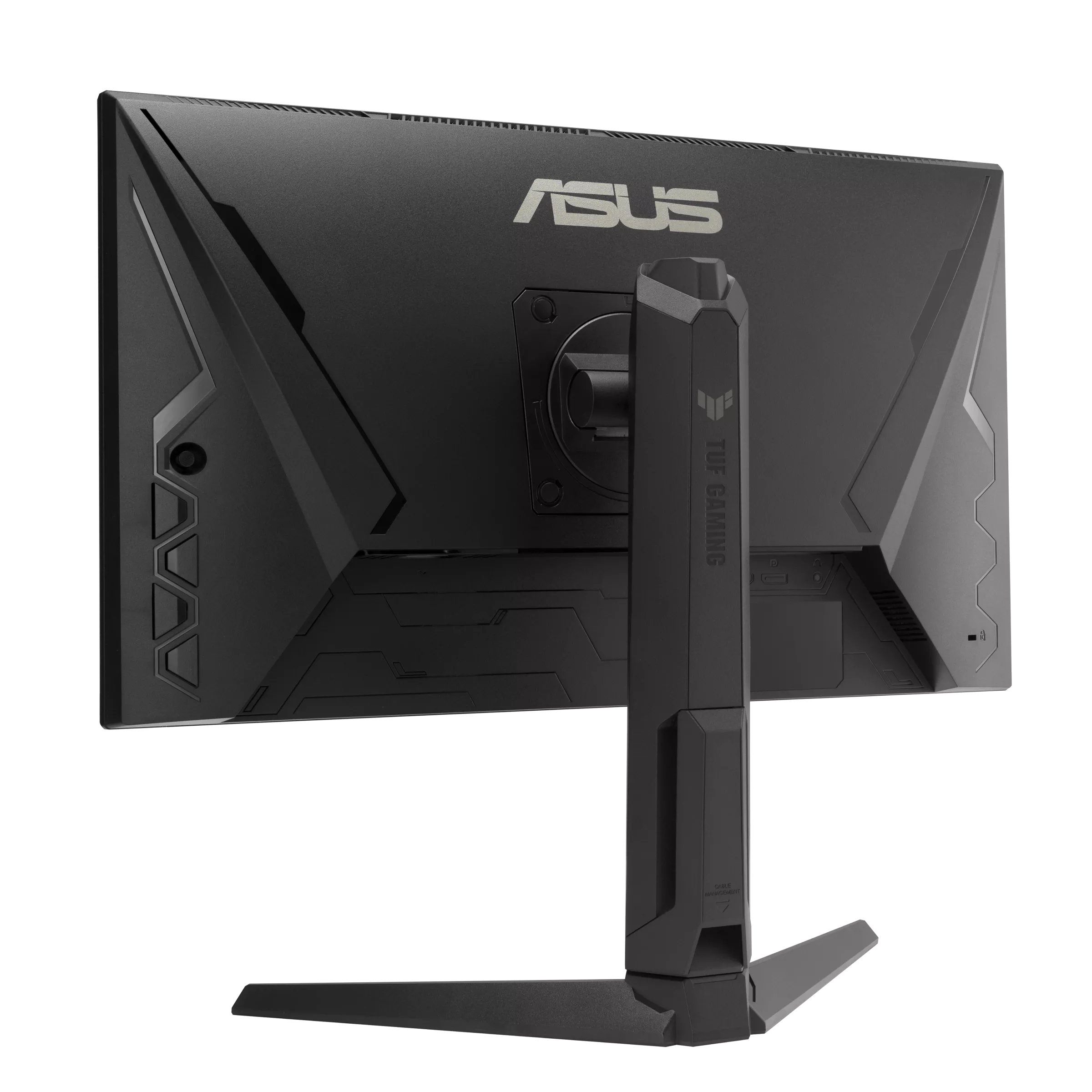 Fekete ASUS gamer monitor hátulnézete, ezüst logóval és állvánnyal.