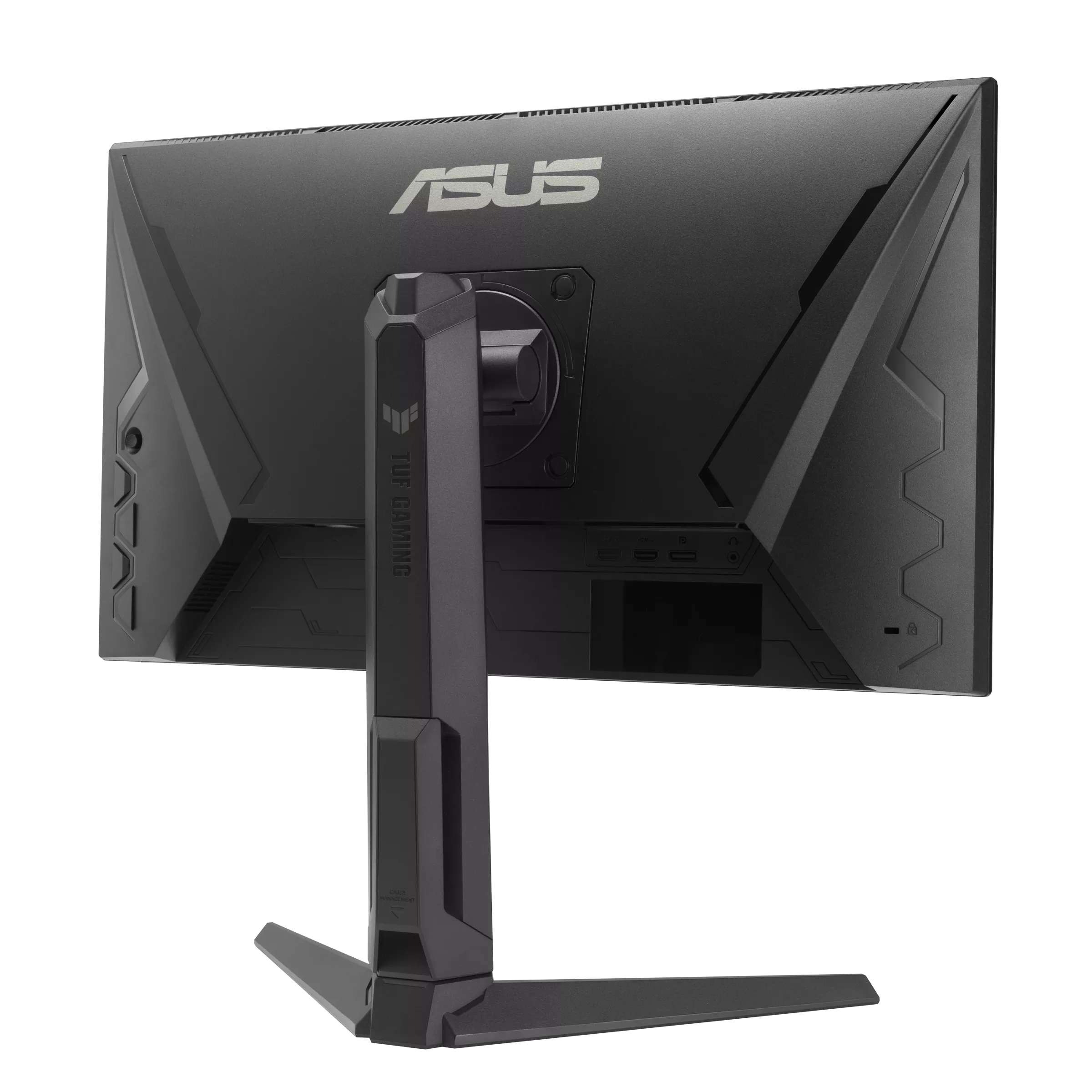 Egy fekete Asus monitor hátulja ezüst logóval és állvánnyal.
