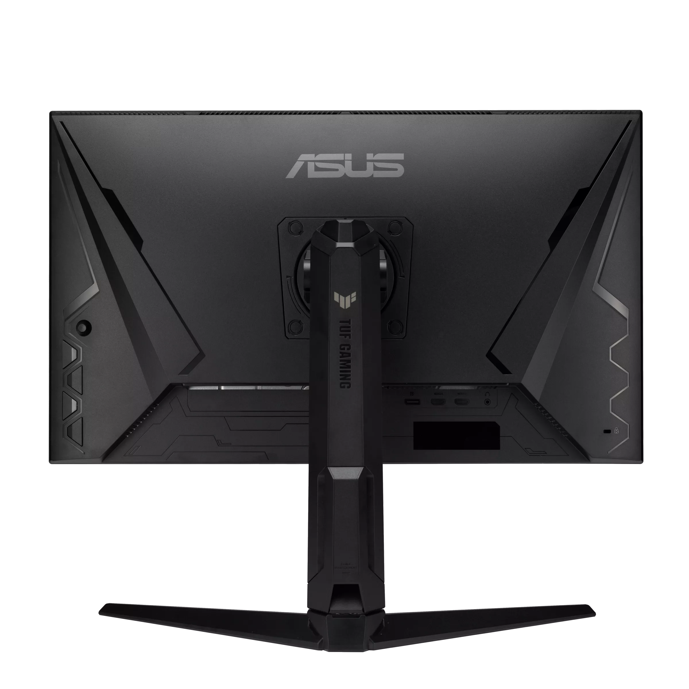 Egy fekete Asus gamer monitor hátoldala állvánnyal és portokkal.