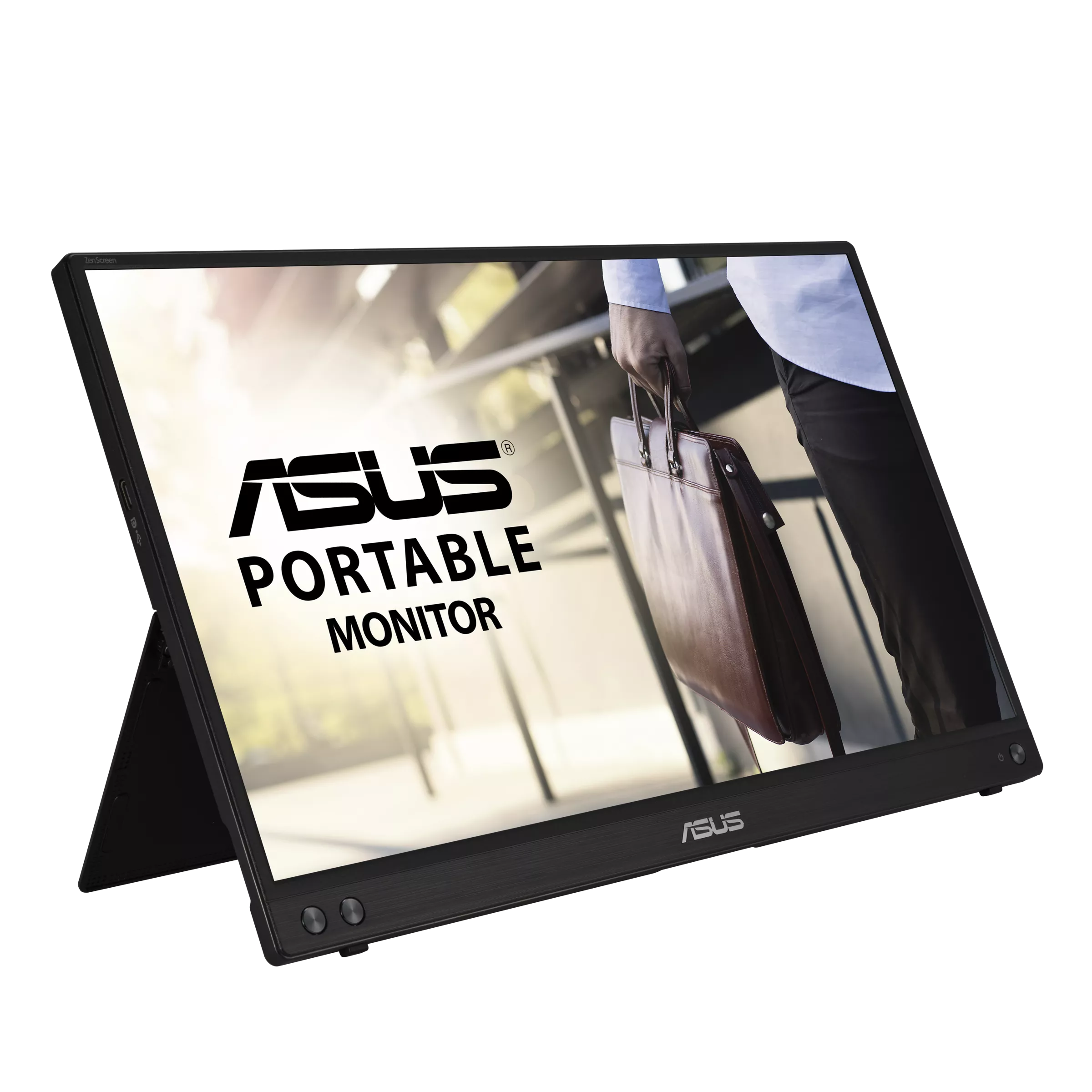 Egy ASUS hordozható monitor, egy férfi aktatáskát tart.