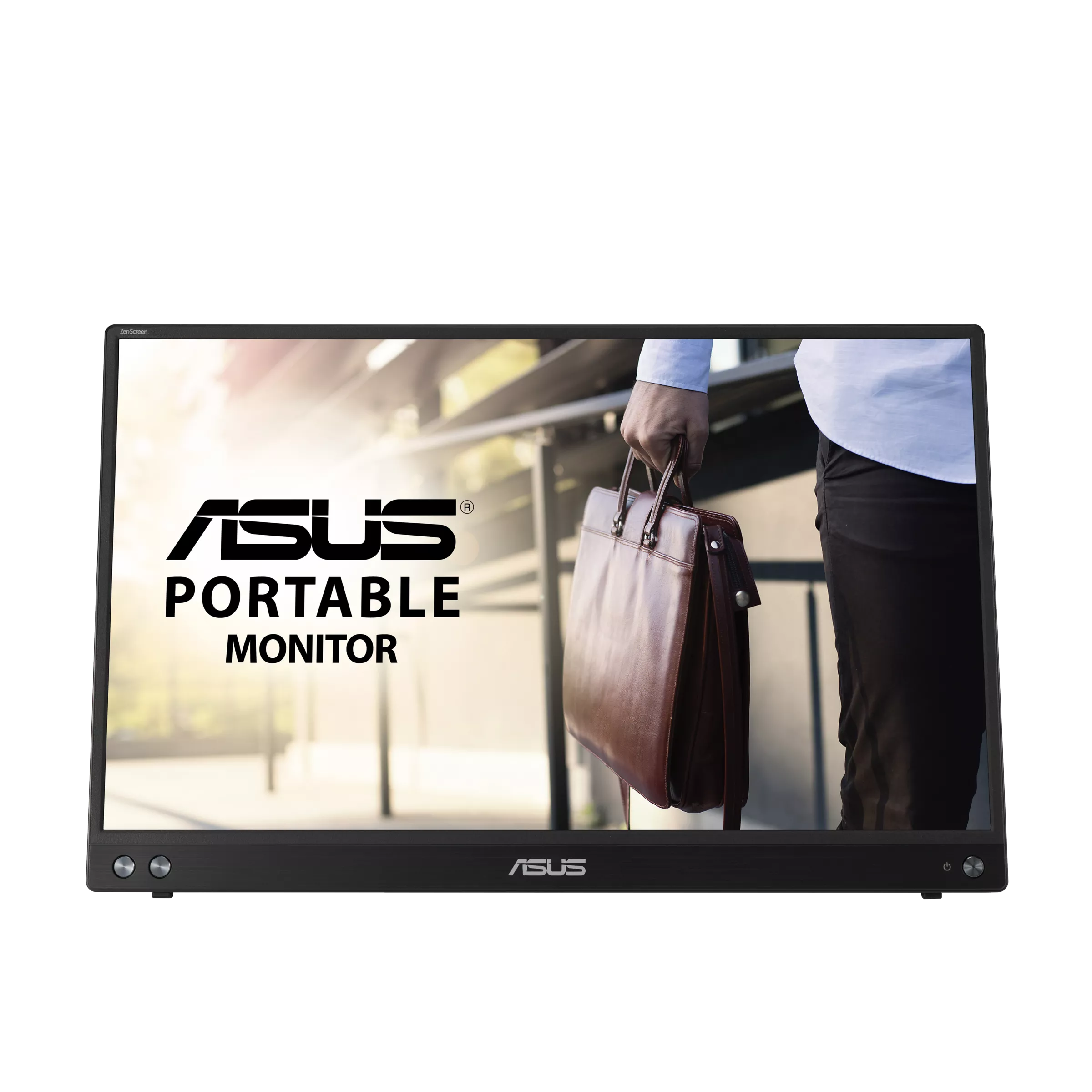 Egy kék inges férfi barna aktatáskát visz. ASUS hordozható monitor.