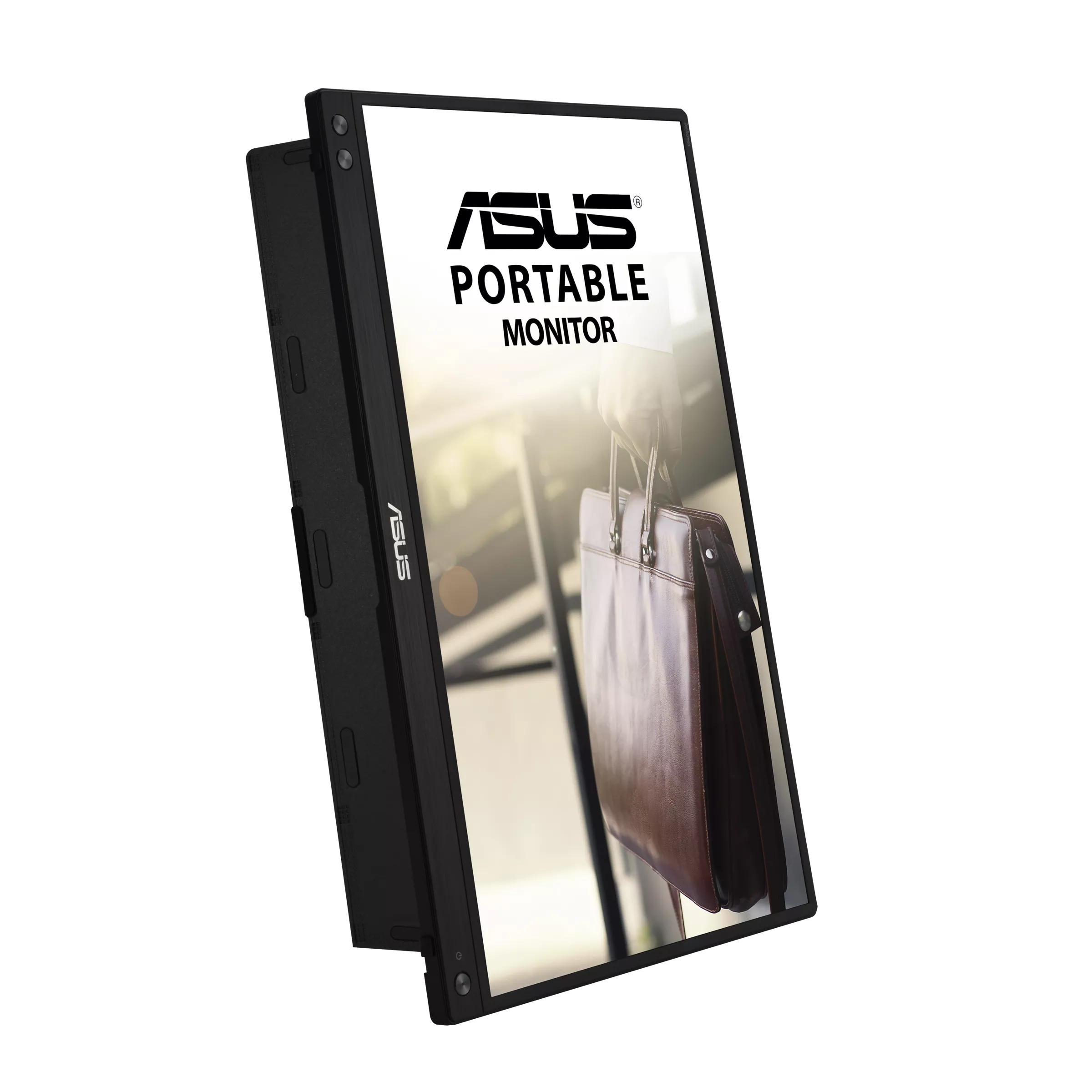 Egy Asus hordozható monitor ASUS logóval és bőr táskával a képernyőn.
