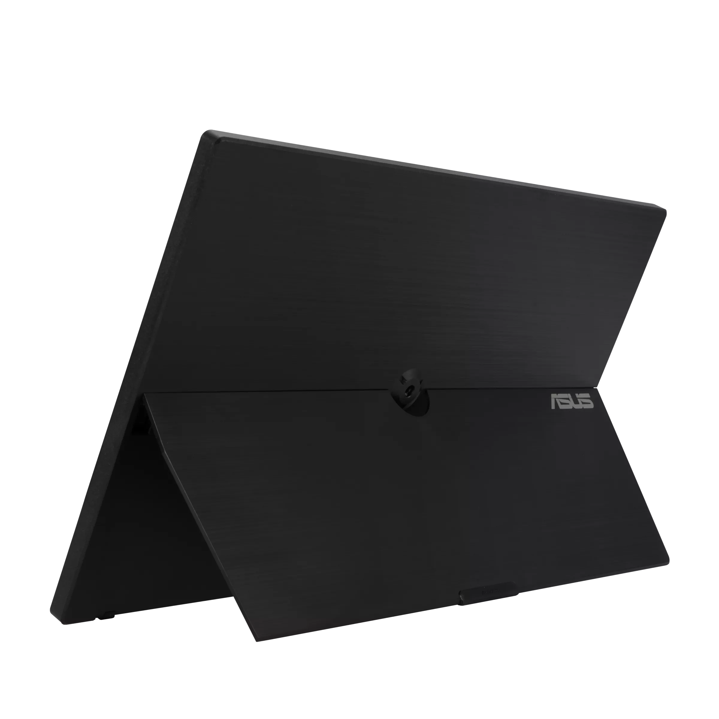 Egy fekete tablet kihajtott támasztékkal, Asus logóval profilból.