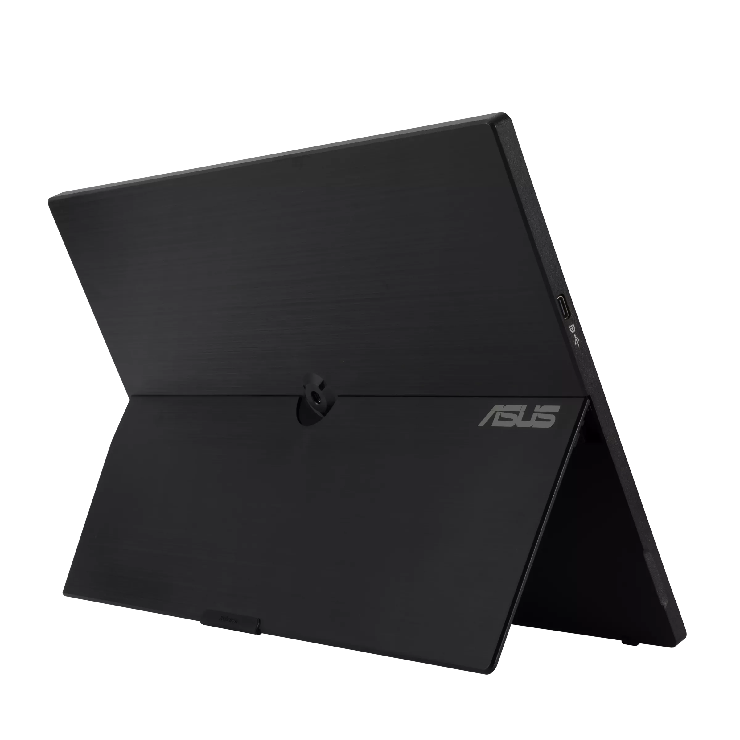 Fekete Asus táblagép fekvő módban, támasztóval, fekete háttéren.