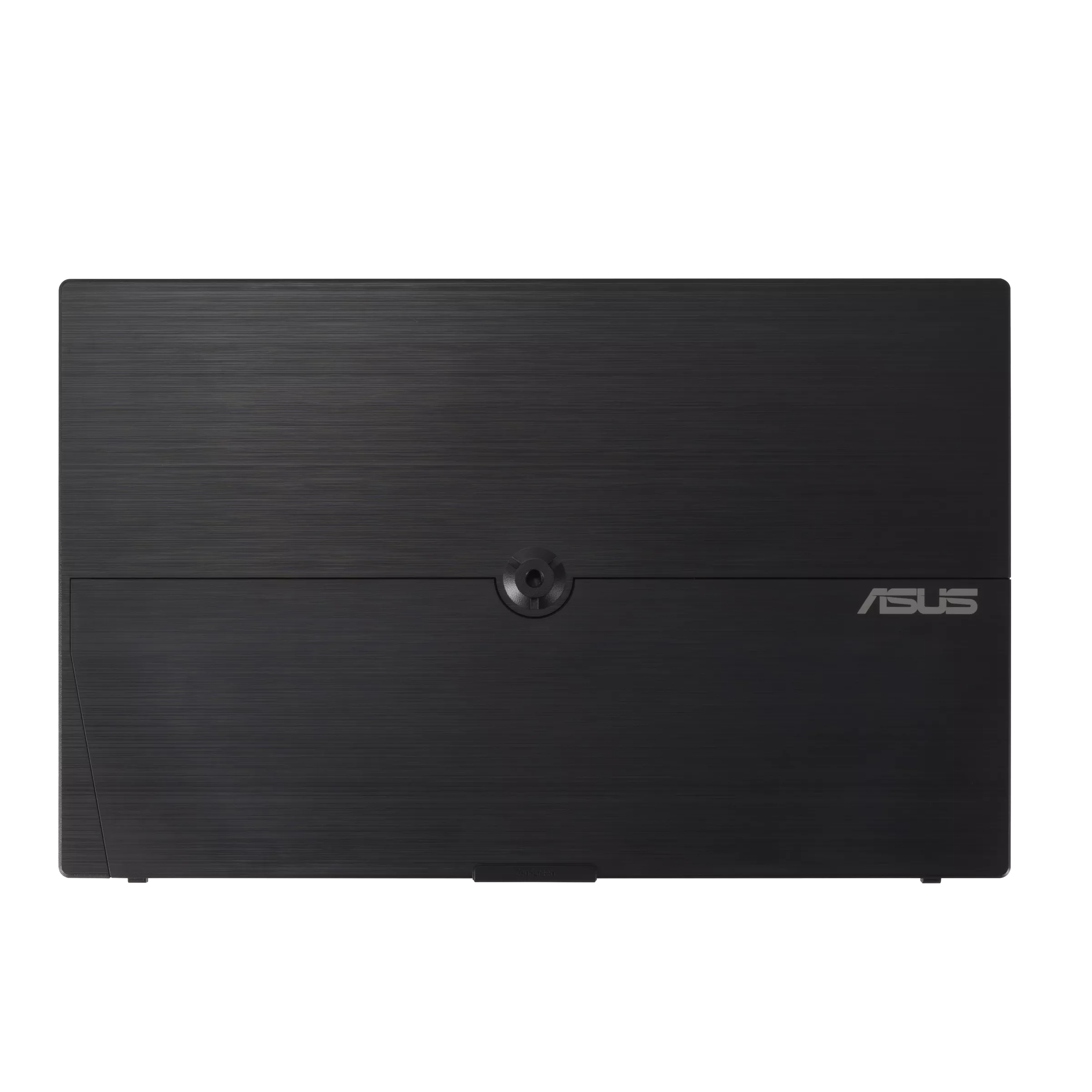 Egy fekete ASUS ZenScreen hordozható monitor, felülnézetből, szálcsiszolt fém felülettel.