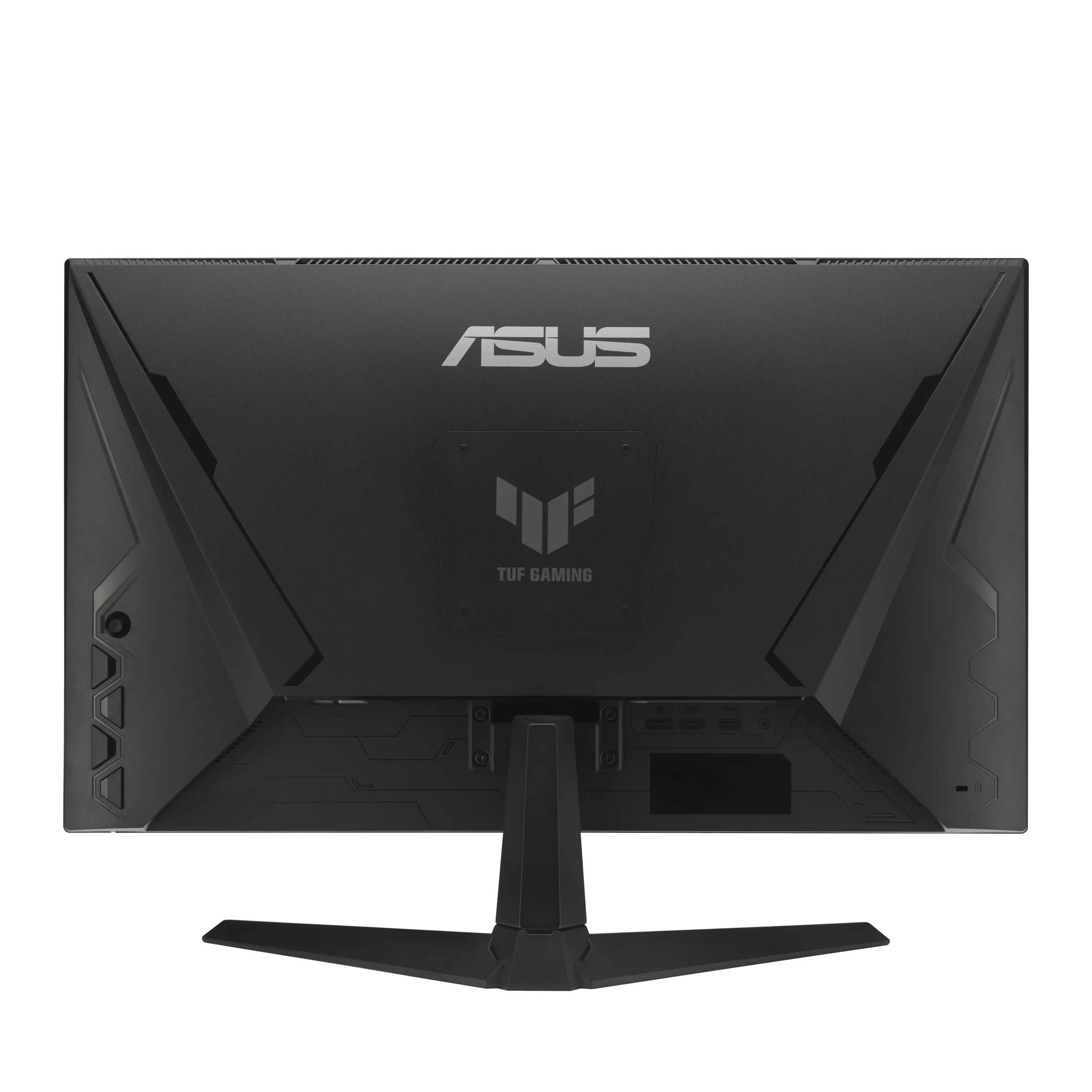 Egy fekete ASUS TUF Gaming monitor hátulja csatlakozókkal és állvánnyal.