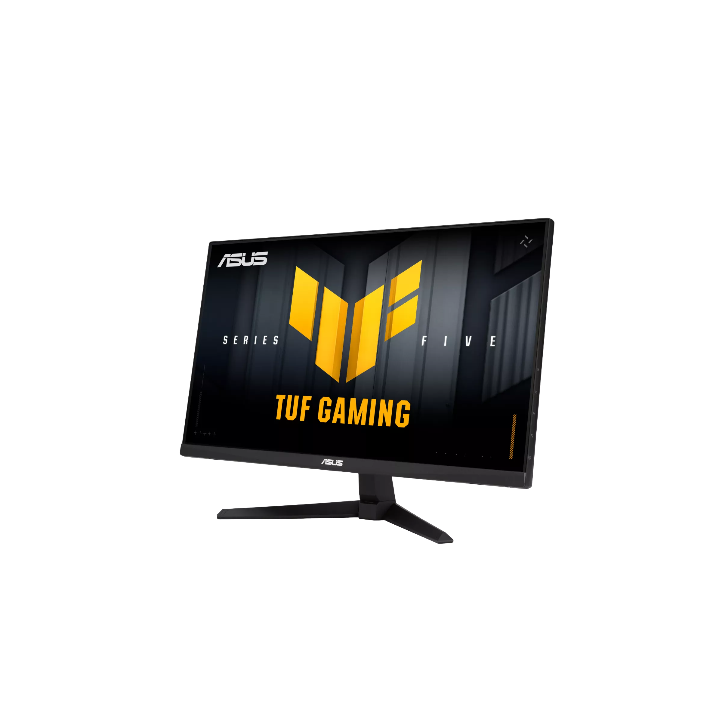Egy Asus TUF Gaming monitor sárga logóval és fekete állvánnyal fekete háttéren.