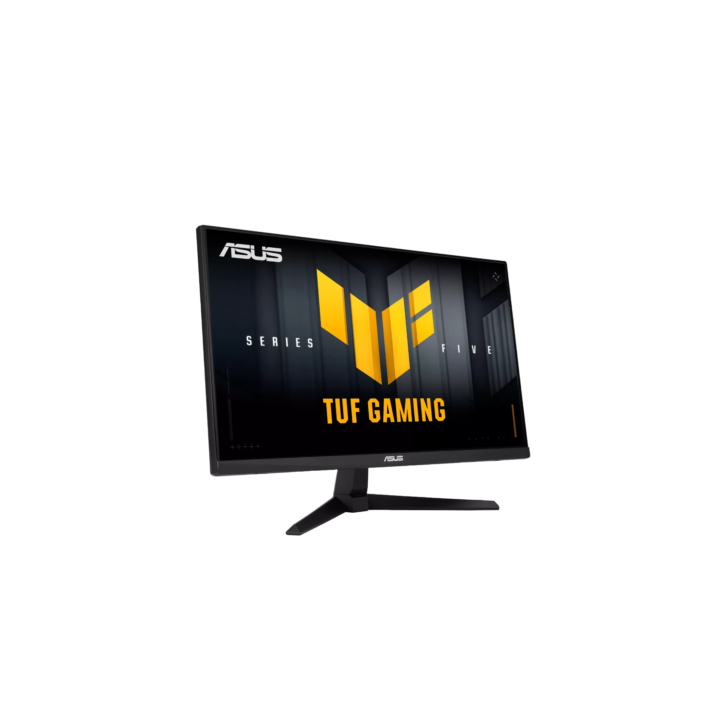 Egy Asus gamer monitor sárga logóval és fekete állvánnyal.