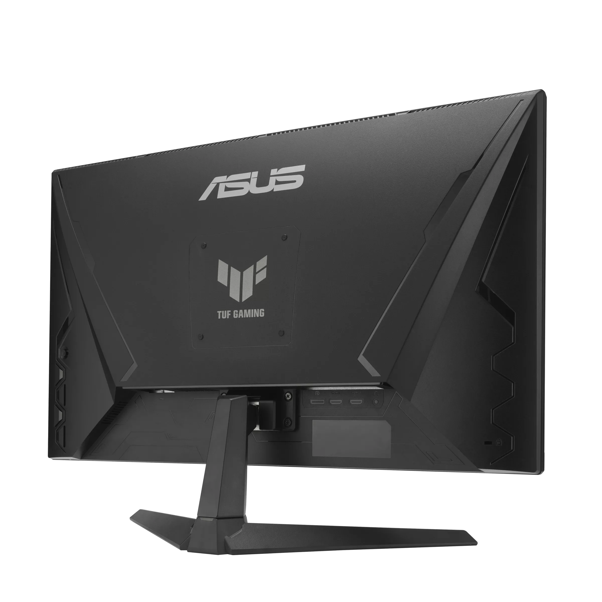 Egy fekete Asus gamer monitor hátulnézete, ezüst logóval.