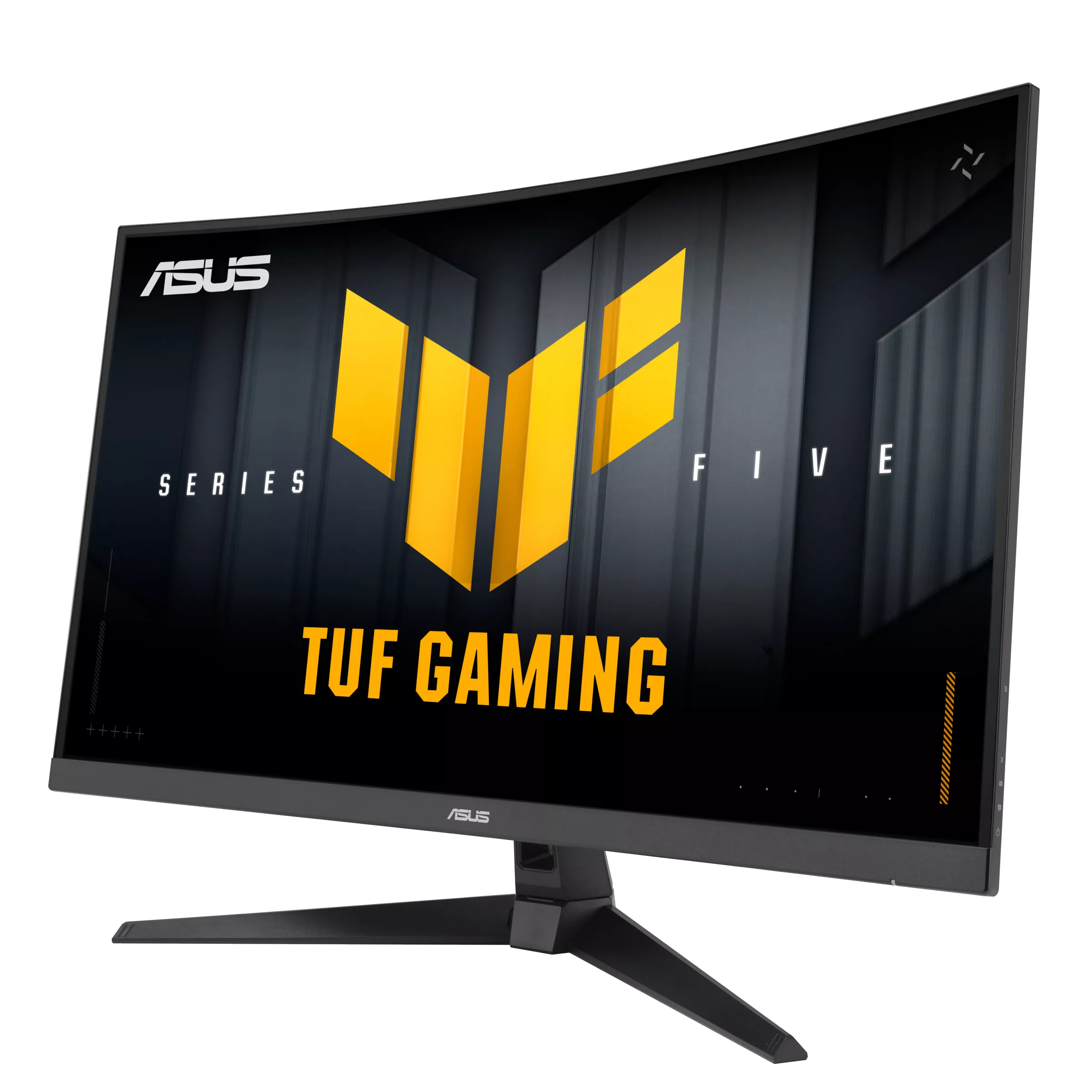 Görbe Asus gamer monitor sárga logóval és felirattal fekete háttéren.