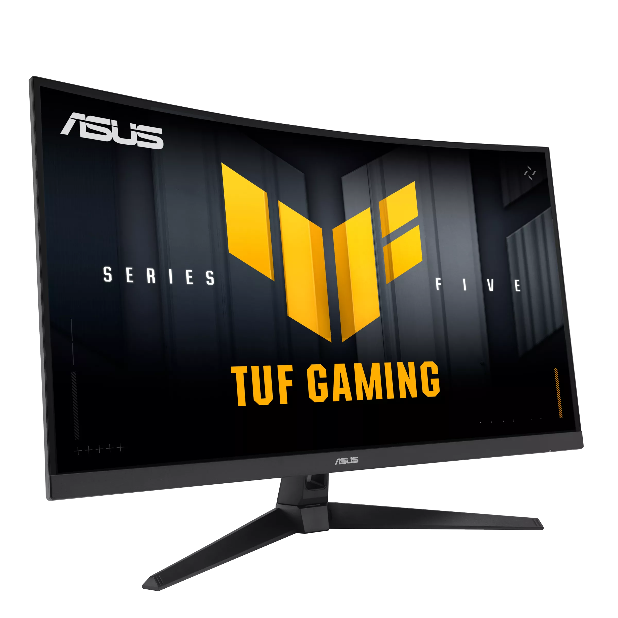 Ívelt ASUS gamer monitor sárga TUF logóval és felirattal.